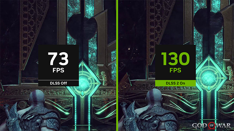 God of War: Ragnarök ydeevne sammenligning: DLSS Super Resolution fra 73 FPS uden DLSS til 130 FPS med DLSS aktiveret