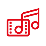 Musik og film som et rødt ikon på hvid bagrund