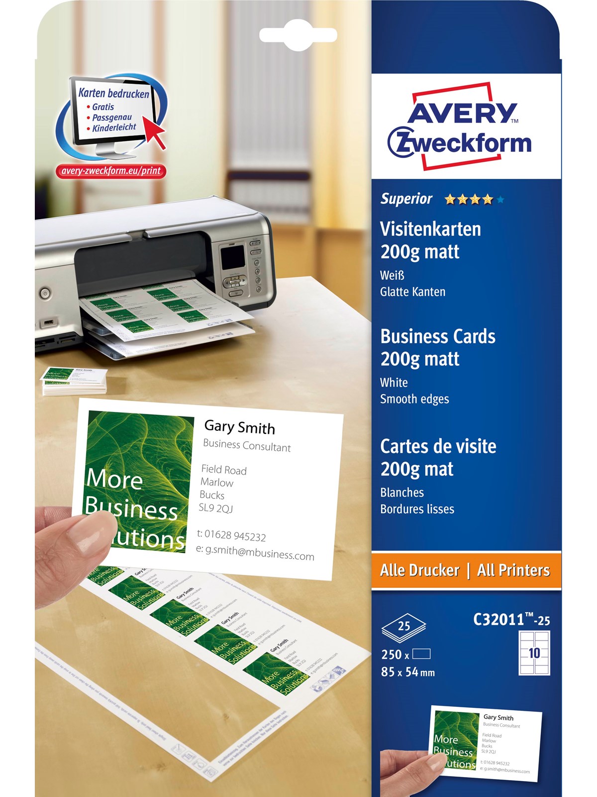 Avery Visitkort mat 85x54mm, 200g, Fotopapir