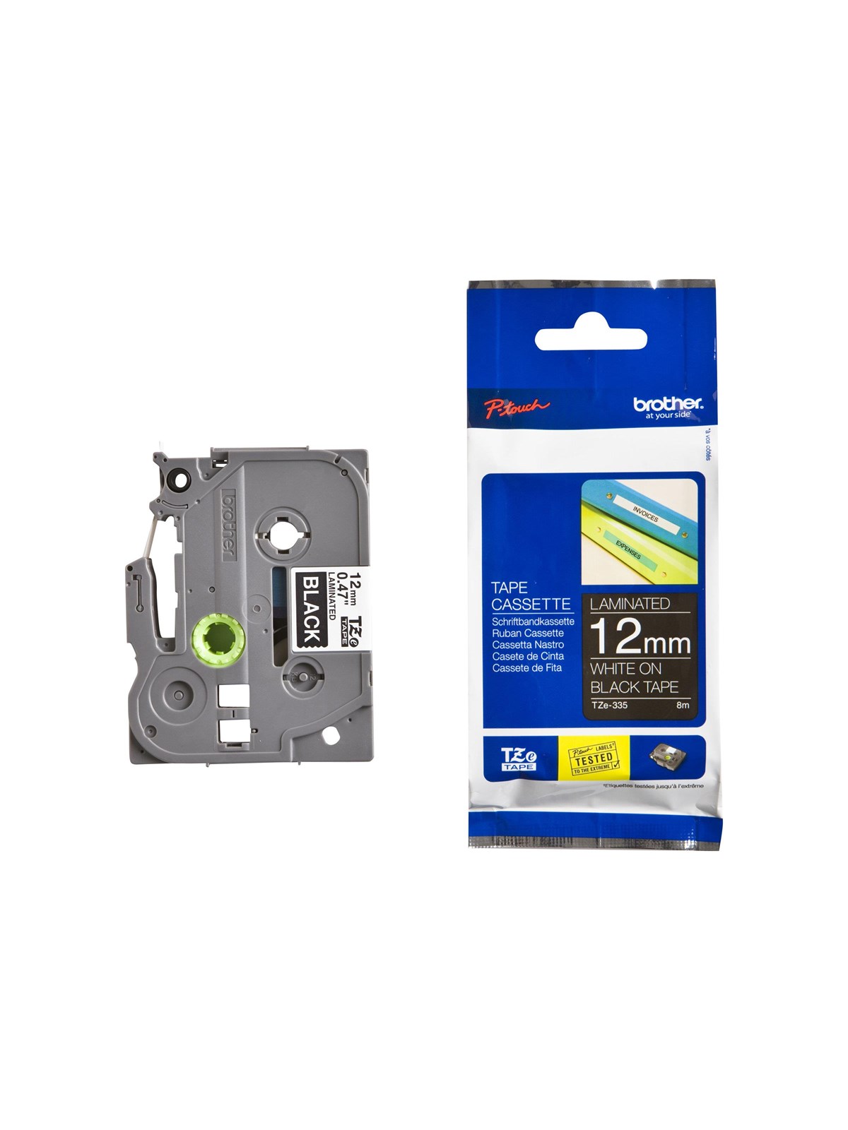 Brother TZe335 12mm (0.47") White on Black Label tape for P-Touch 8m, Fotopapir