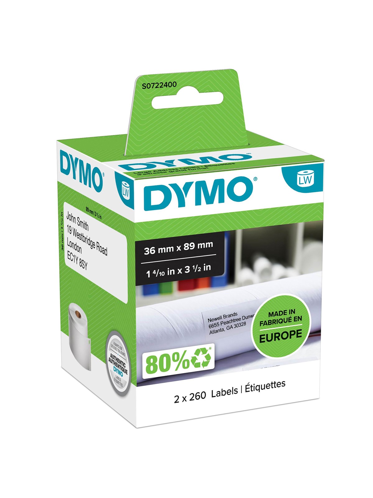 DYMO LabelWriter store adresseetiketter | 36mm x 89mm | 2 ruller x 260 stk