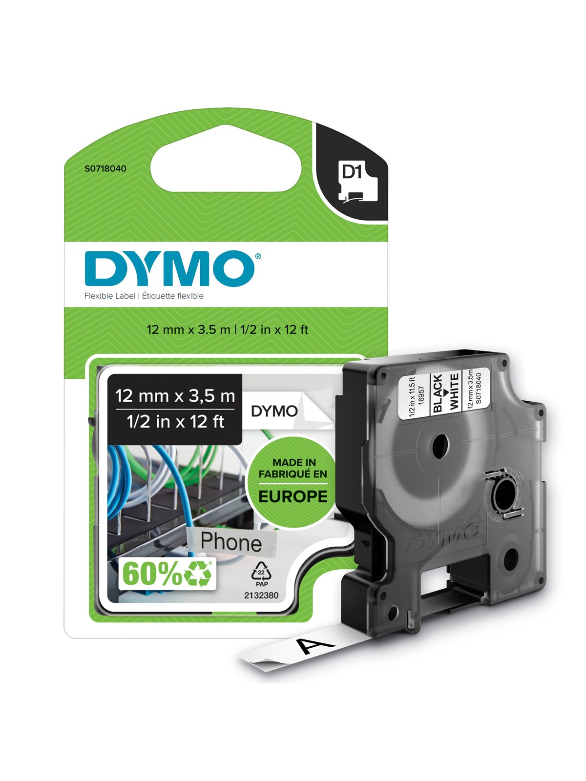DYMO D1 tape fleksibel nylon | sort/hvid | 12mm x 3,5m, Fotopapir