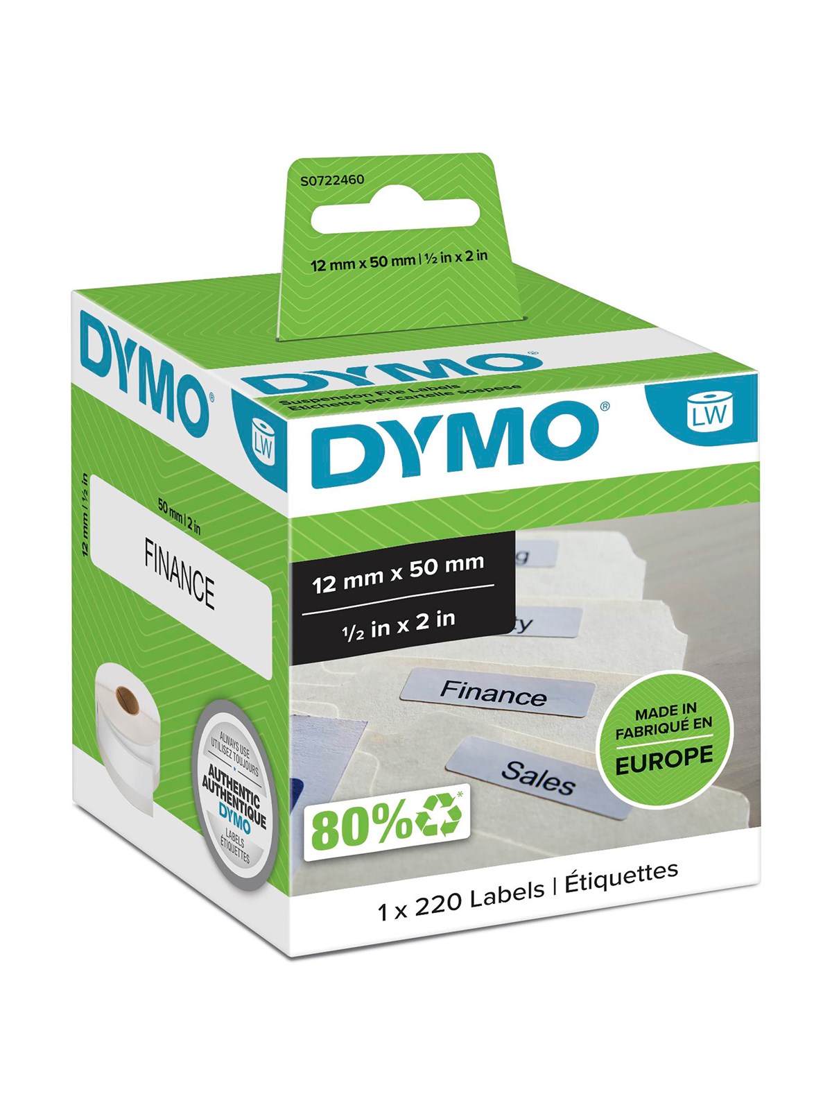DYMO LabelWriter hængemappe etiketter | 12mm x 50mm | 1 rulle x 220 stk