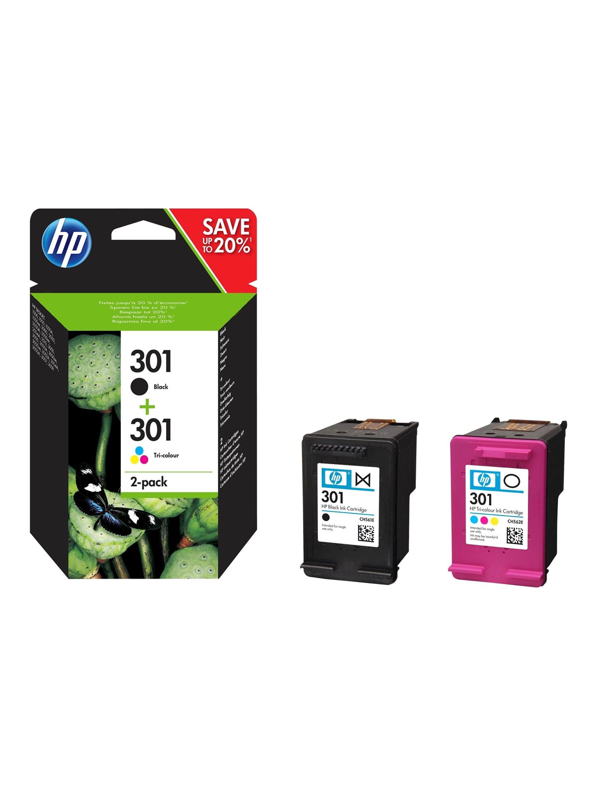 HP 301 / N9J72æ 2-Pack Black (Magenta Cyan Yellow) - Blækpatron Dye-based tricolor