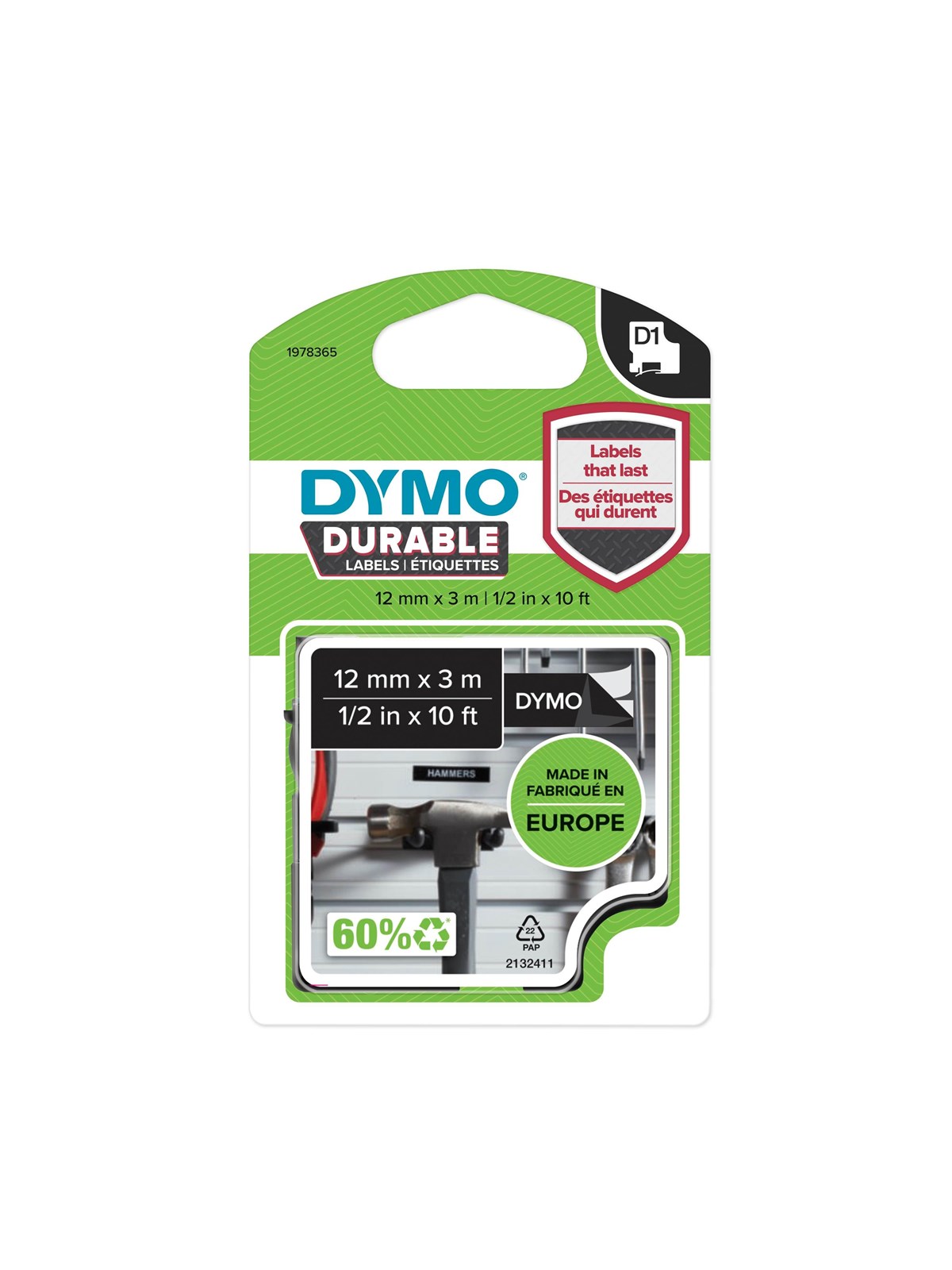 DYMO D1 Durable tape | hvid på sort | 12 mm x 3m, Fotopapir