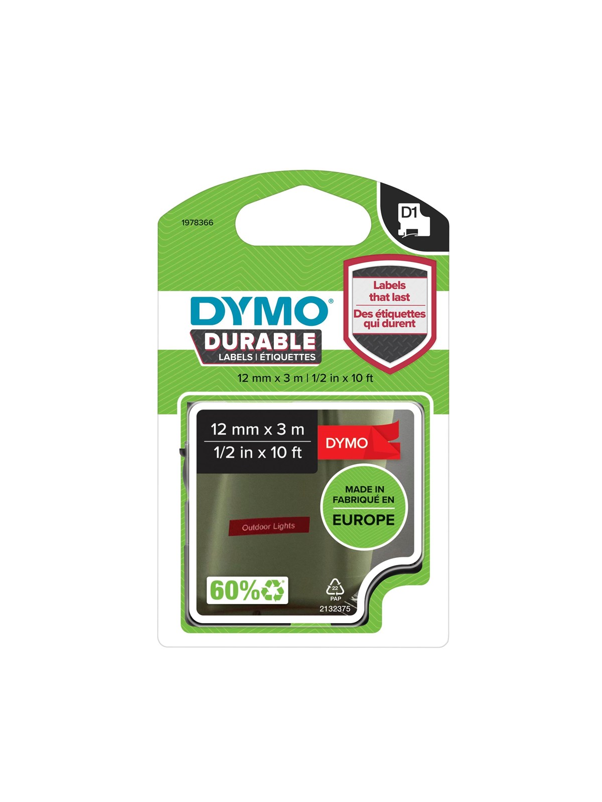 DYMO D1 Durable tape | hvid på rød | 12 mm x 3m, Fotopapir