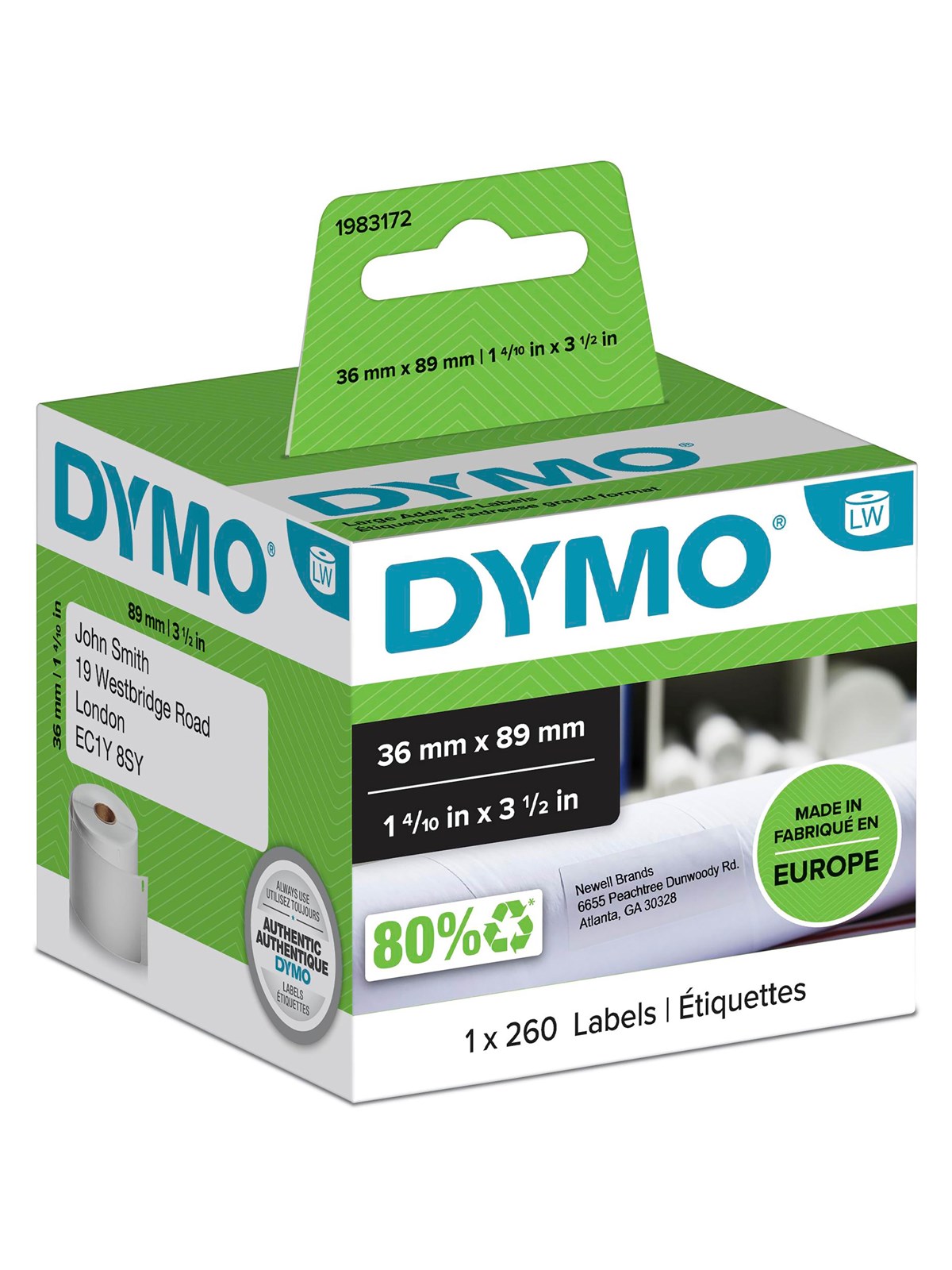 DYMO LabeWriter store adresseetiketter | 36mm x 89mm | 1 rulle x 260 stk
