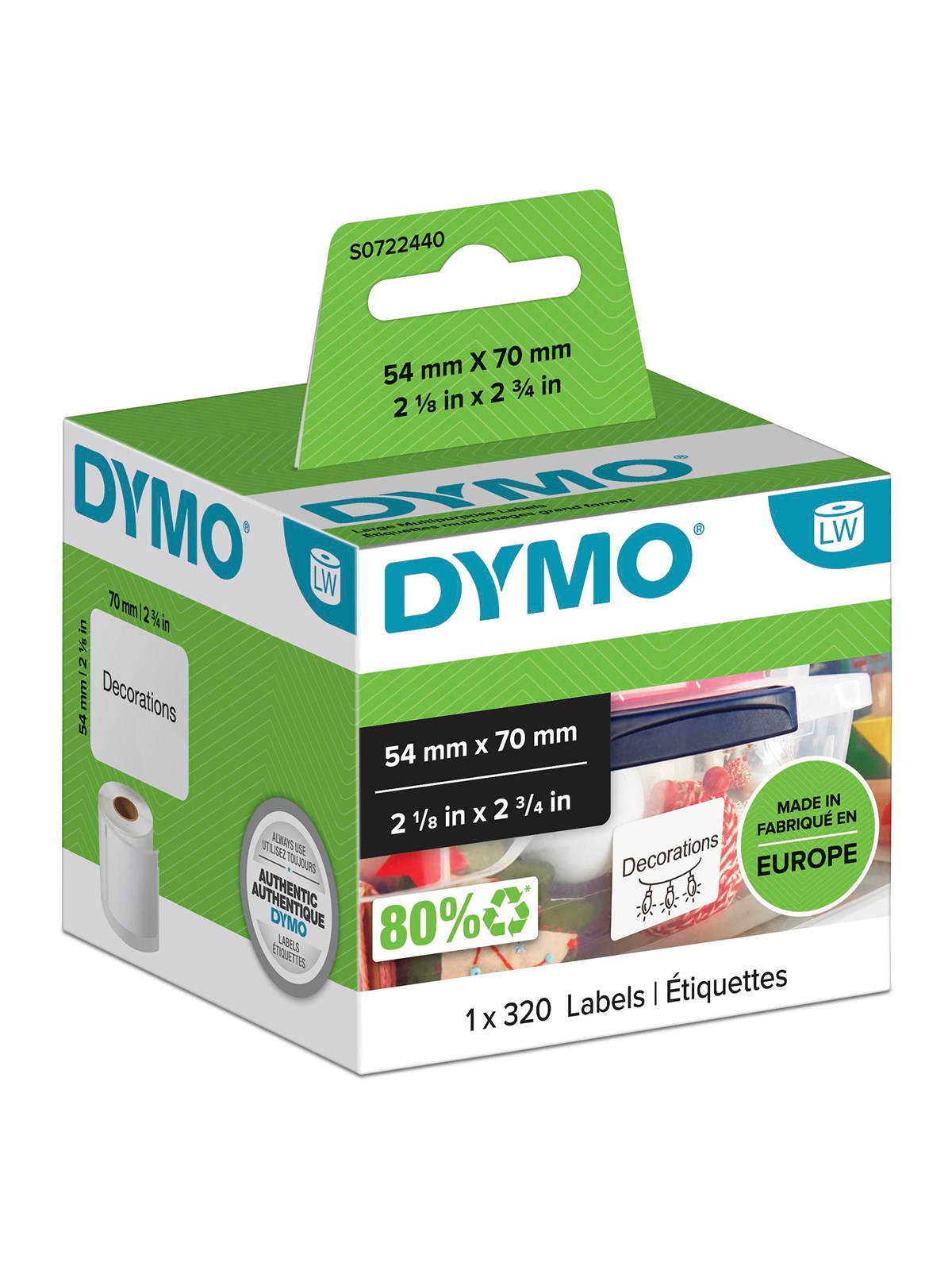DYMO LabelWriter store multifunktionelle etiketter | 54mm x 70mm | 1 rulle x 320 stk