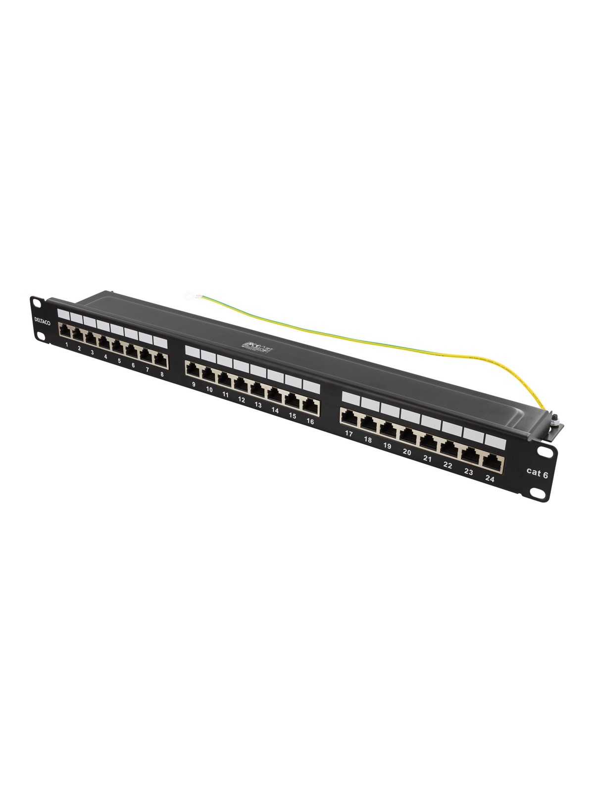 Deltaco PAN-201 STP patch panel 24xRJ45 Cat6 1U 19" metal black, Netværkstilbehør