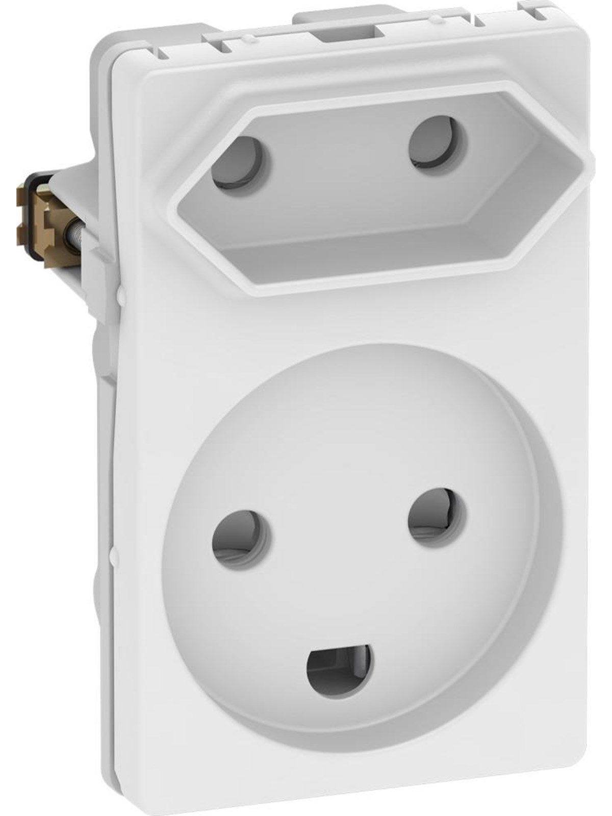 LK FUGA dobbelt stikkontakt 1 x flad 2,5A og 1 x 2 pol med jord 1½ modul, hvid