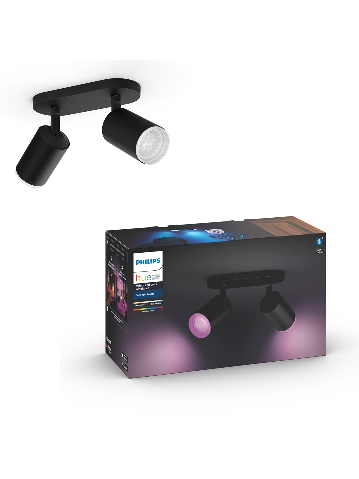 Philips Hue Fugato Plate/Spiral 2x5.7W Spots - Sort, Smart Home