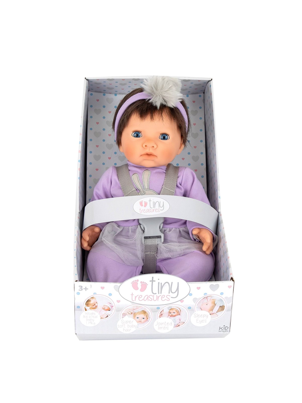 Tiny Treasures Dukke med mørkt hår og lilla outfit, Dukker Og Dukketilbehoer