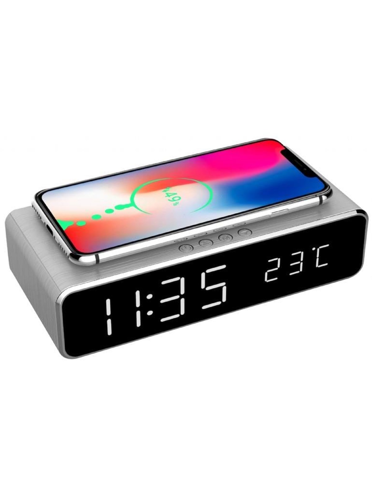 Gembird Digital alarm clock with Qi wireless charging function - Silver