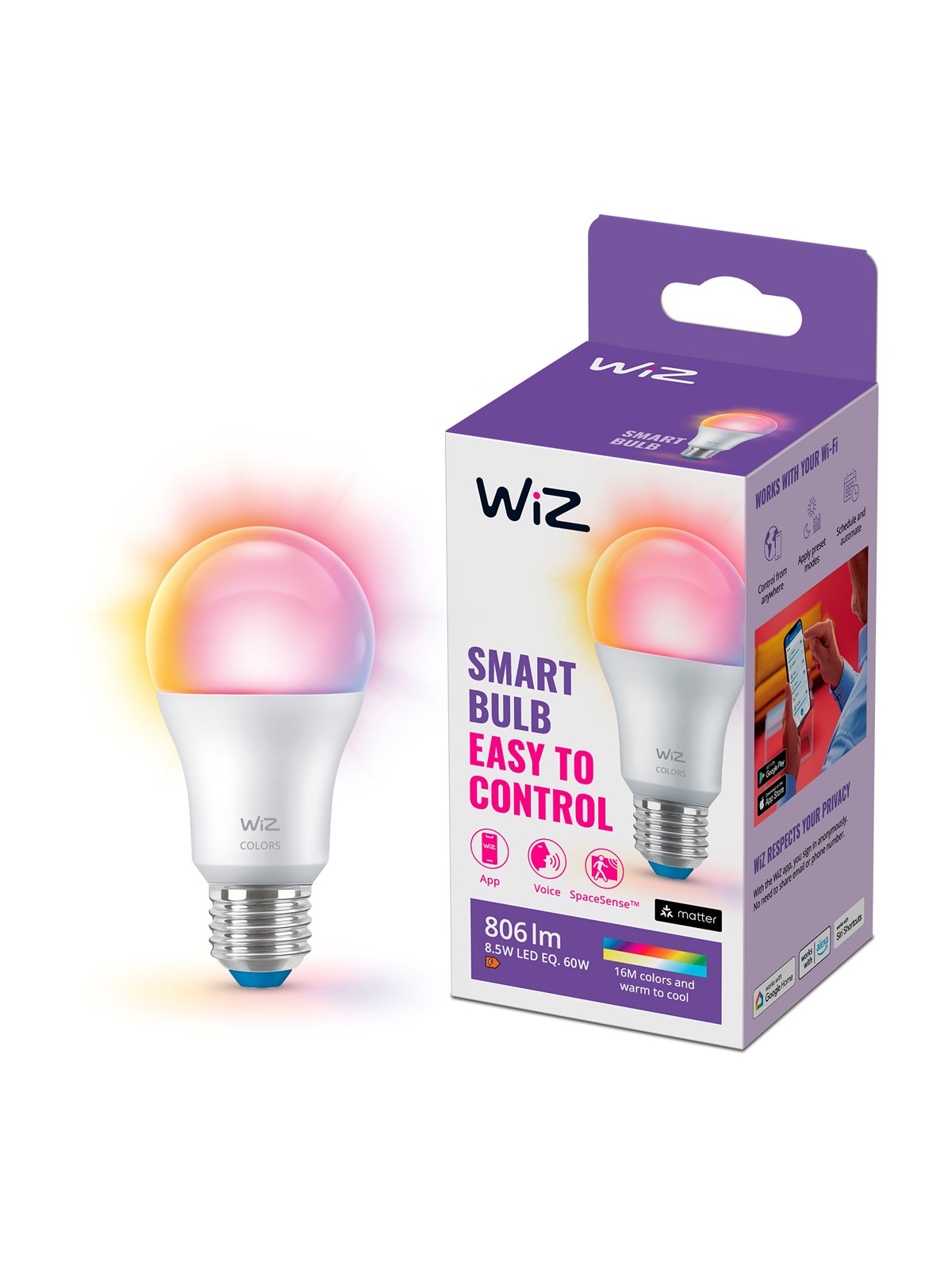 WiZ Full Color A60 E27 Smart LED-pære - RGB/16 millioner farver + dæmpbart hvidt LED-lys