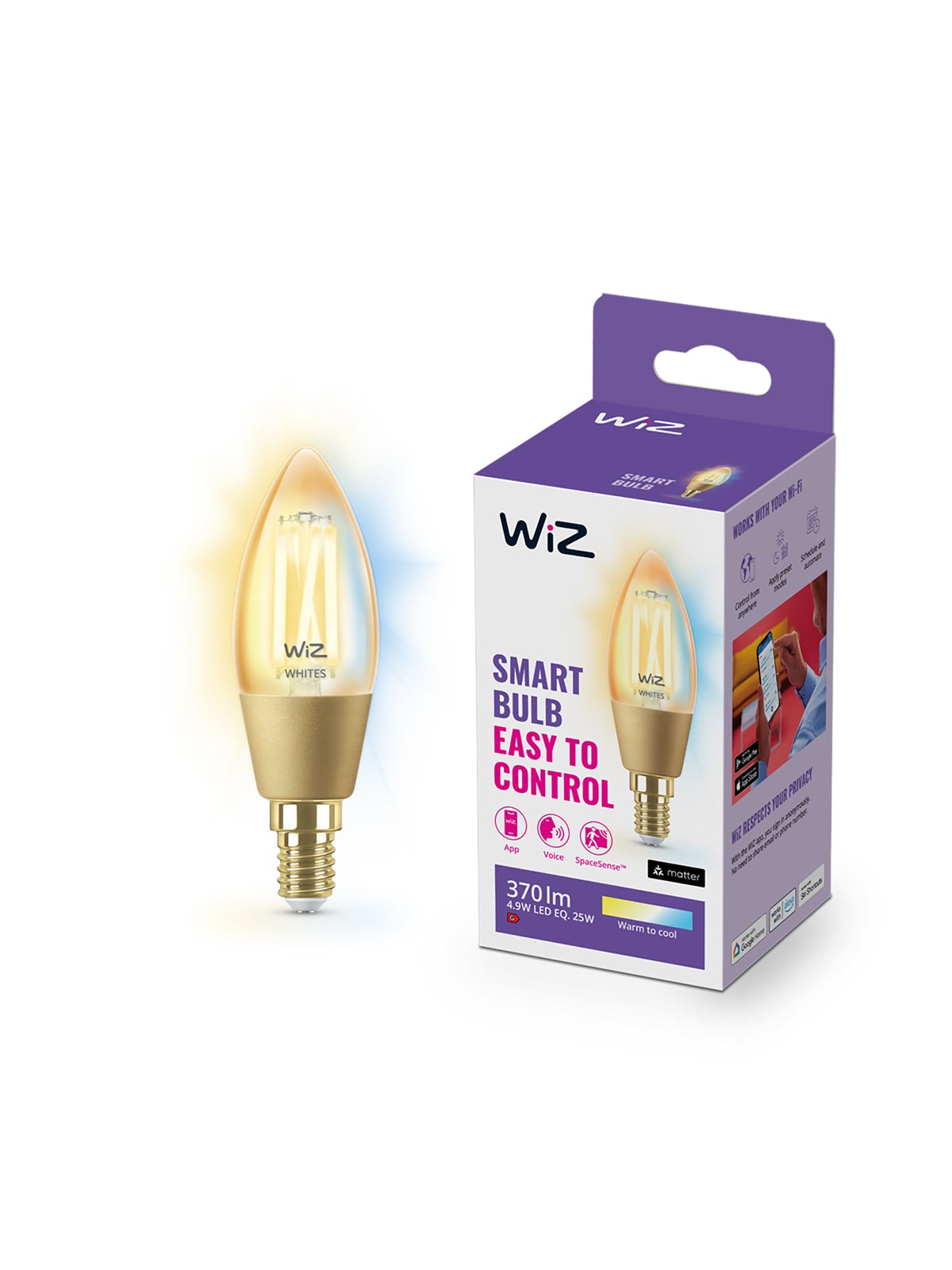 WiZ Tunable C35 E14 Amber Smart Filament Kertepære - Dæmpbart varmt til koldt hvidt LED-lys