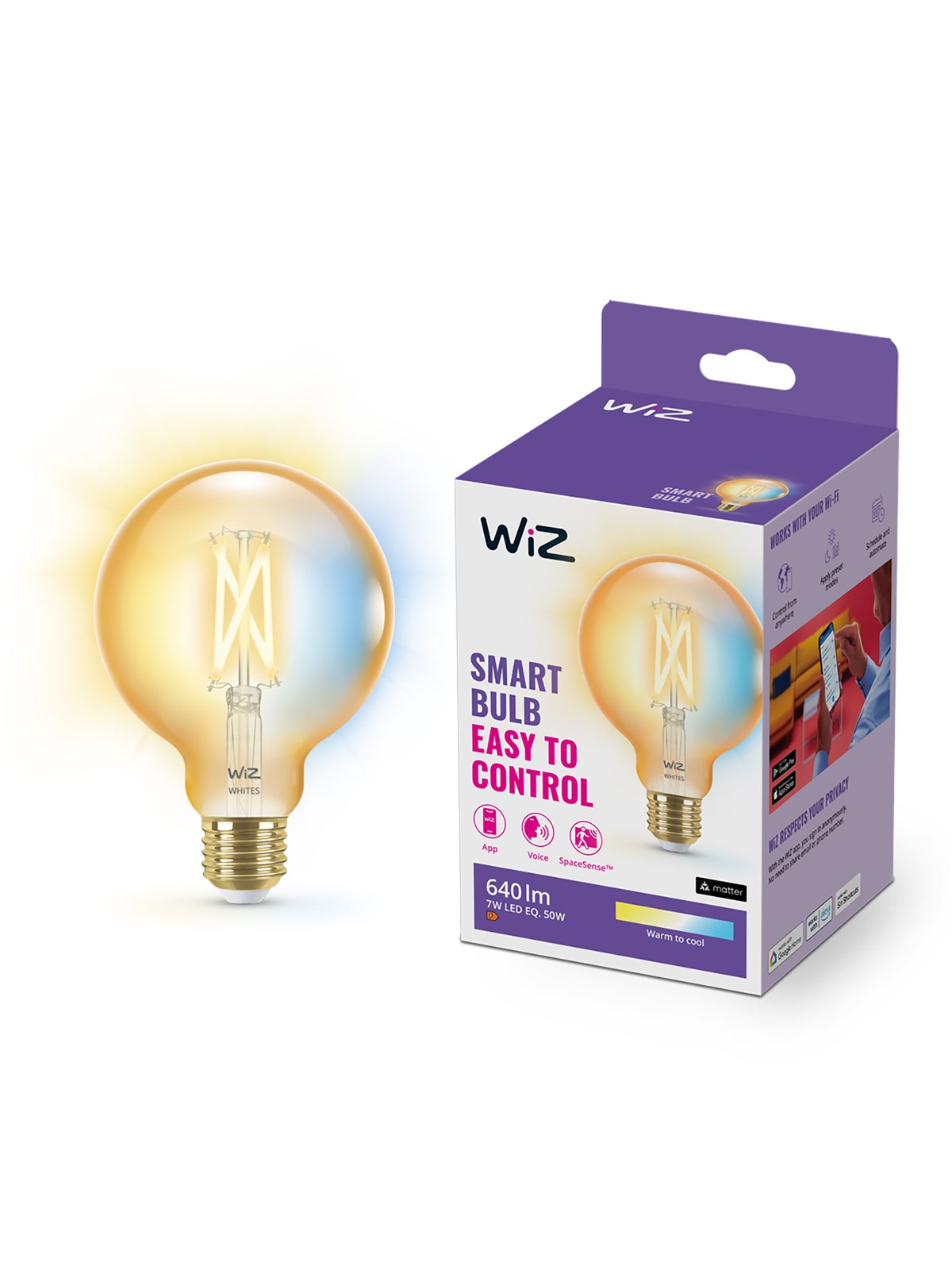 WiZ Tunable G95 E27 Amber Smart Filament Globepære - Dæmpbart varmt til koldt hvidt LED-lys