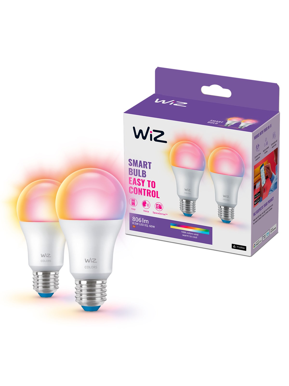 WiZ Full Color A60 E27 Smart LED-pære 2-pak - RGB/16 millioner farver + dæmpbart hvidt LED-lys