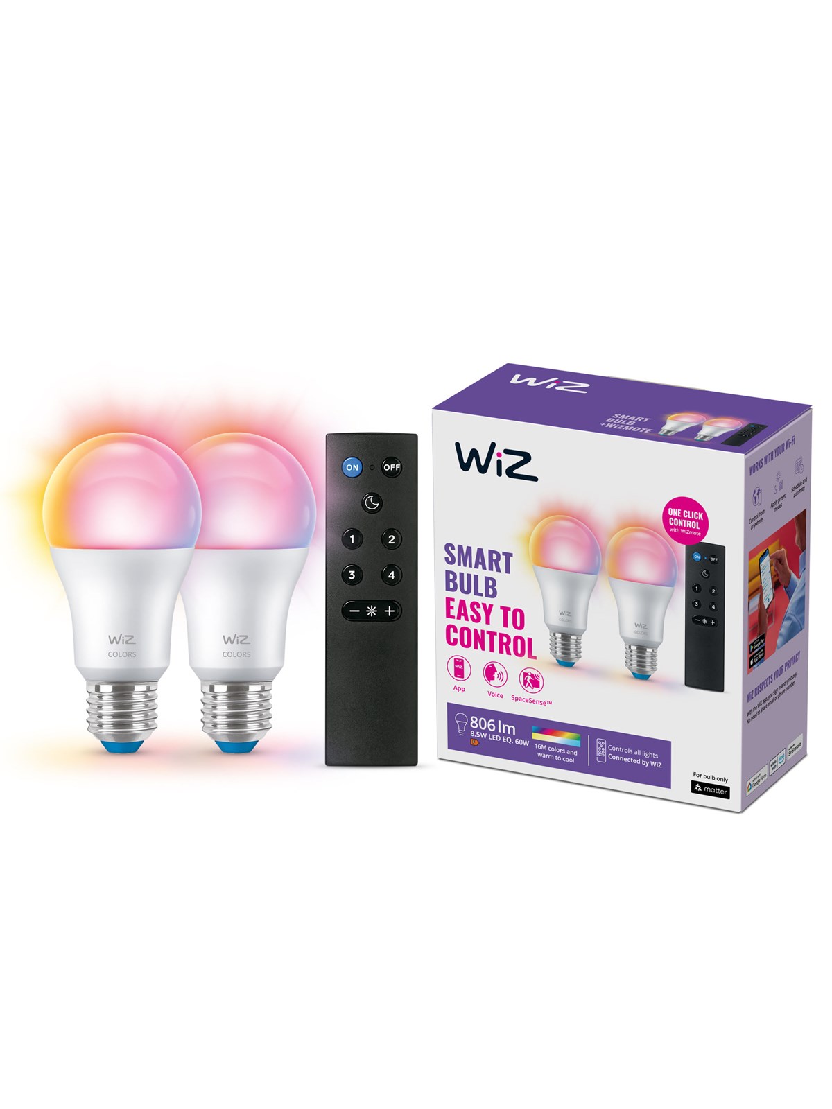 WiZ Full Color A60 E27 Smart LED-pære 2-pak med Mote - RGB/16 millioner farver + dæmpbart hvidt LED-lys
