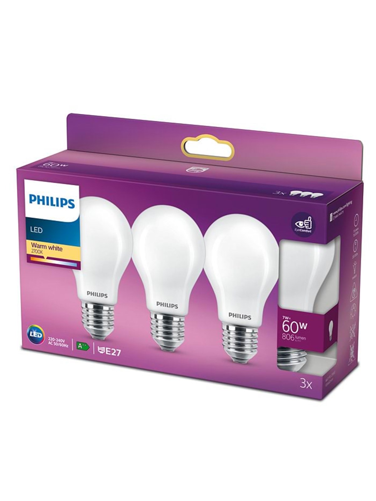 Philips LED pære Classic Standard 7W/827 (60W) Mat 3-pak E27, Lyskilde