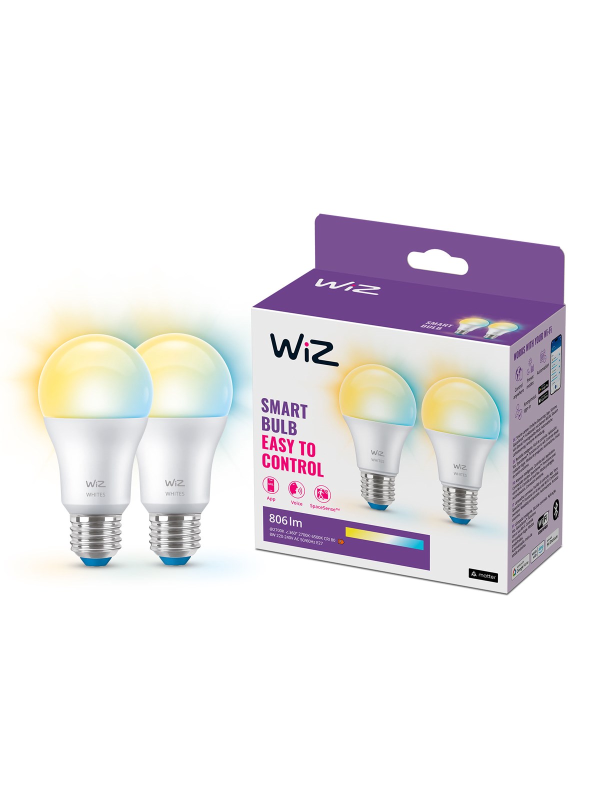WiZ Tunable A60 E27 Smart LED-pære 2-pak - Dæmpbart varmt til koldt hvidt LED-lys
