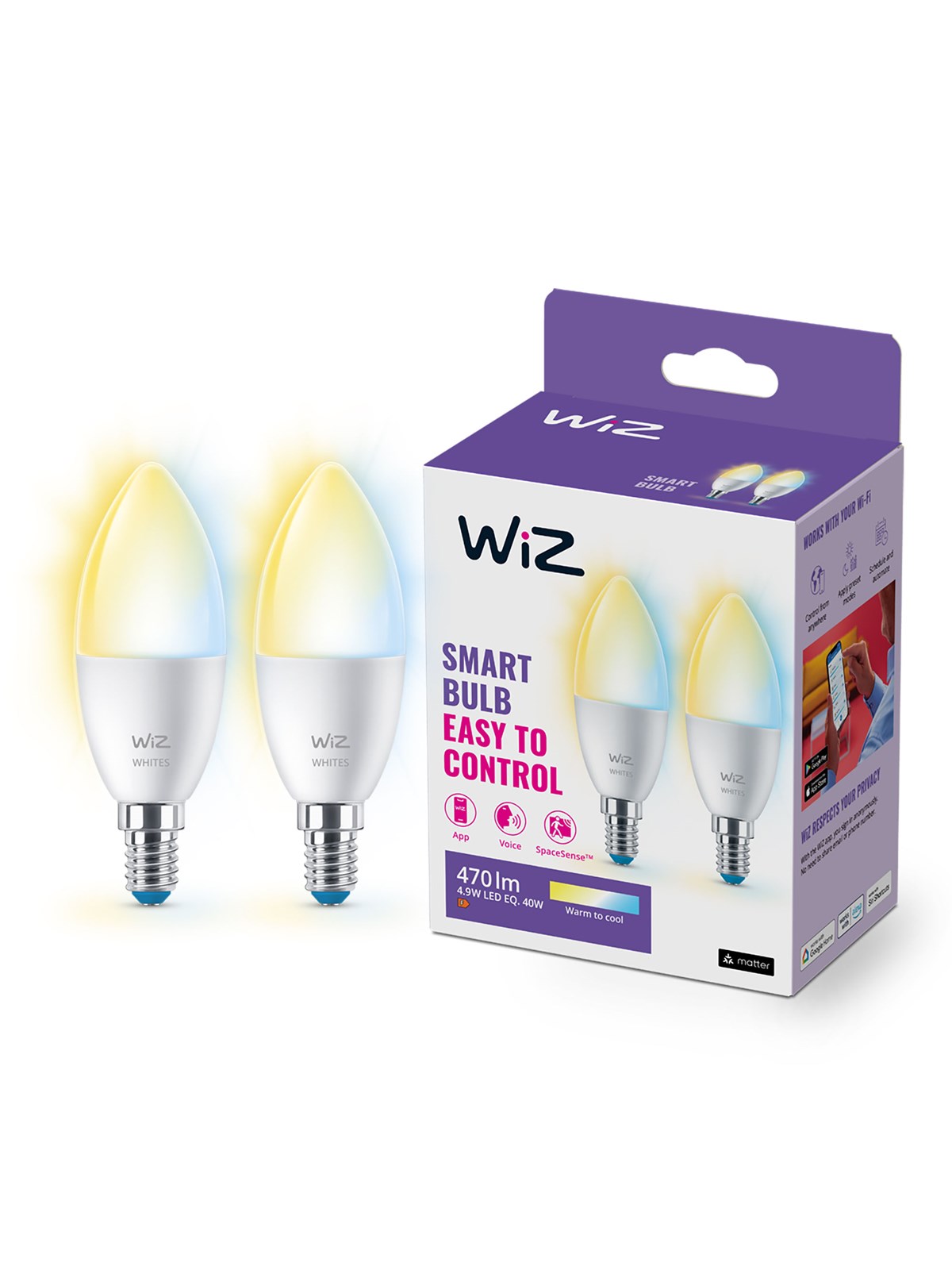 WiZ Tunable C37 E14 Smart Kertepære 2-pak - Dæmpbart varmt til koldt hvidt LED-lys