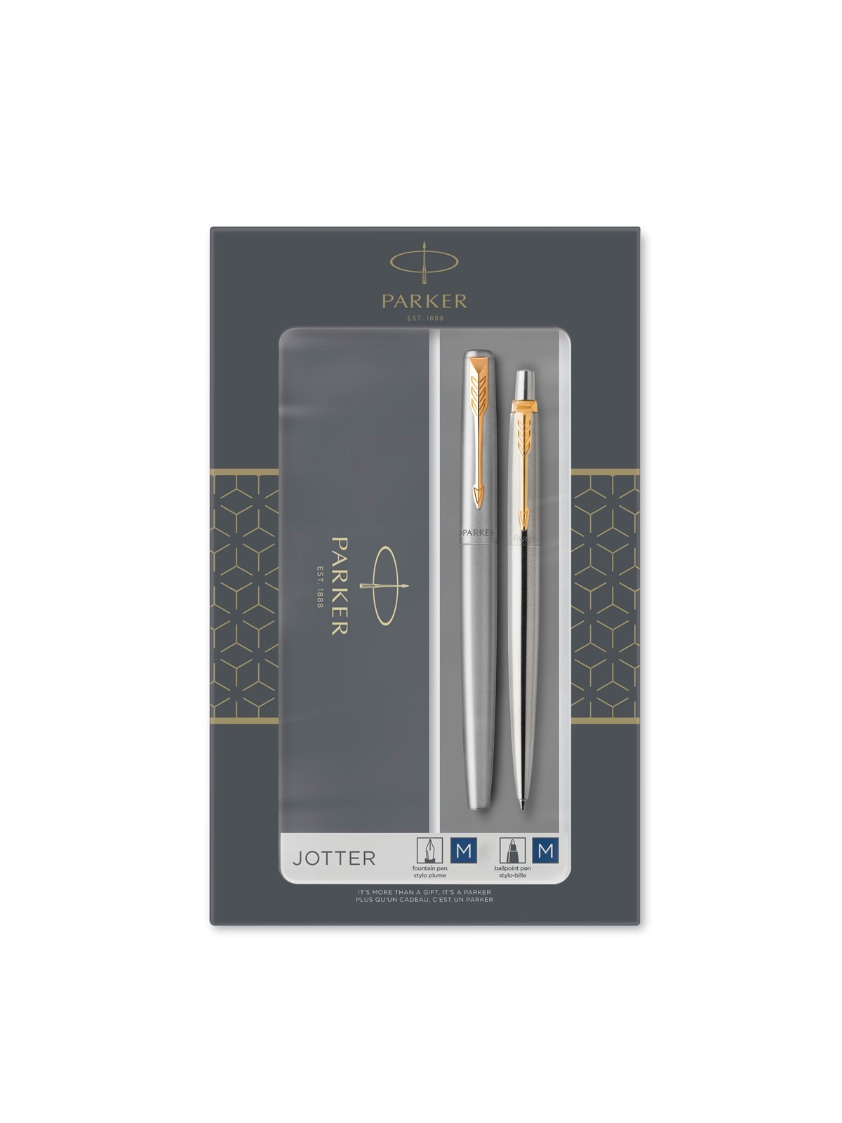 Parker Dobbelt Jotter-gavesæt med kuglepen og fyldepen, rustfrit stål med detaljer i guld, patron med blå blæk og patroner, gaveæske