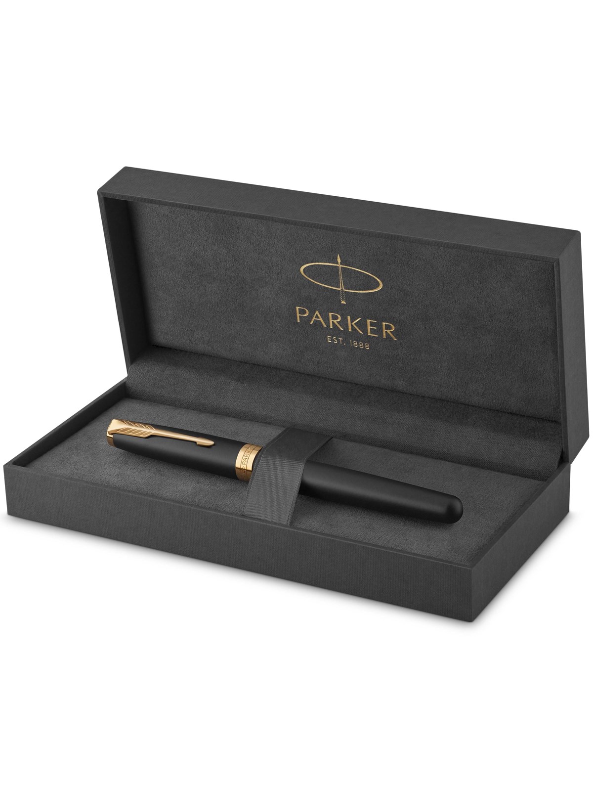 Parker Sonnet-kuglepen | matsort lak med detaljer i guld | fin spids med sort blæk | gaveæske