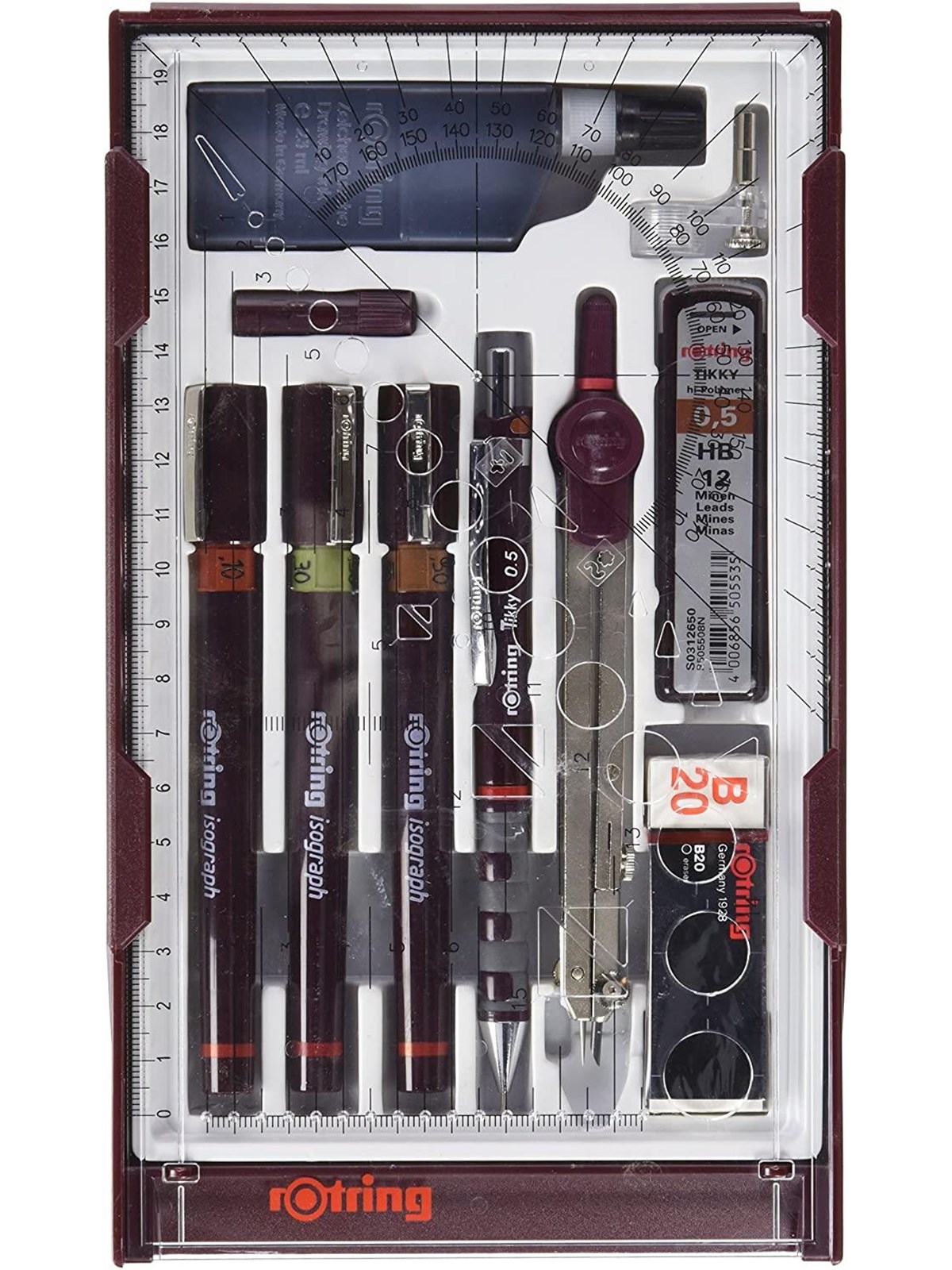 Rotring rOtring Isograph Teknisk Pen Master Set | 3 finelinere (0,10 mm, 0,30 mm, 0,50 mm), mekanisk blyant (0,5 mm), kompas og tilbehør | Sæt med 10 