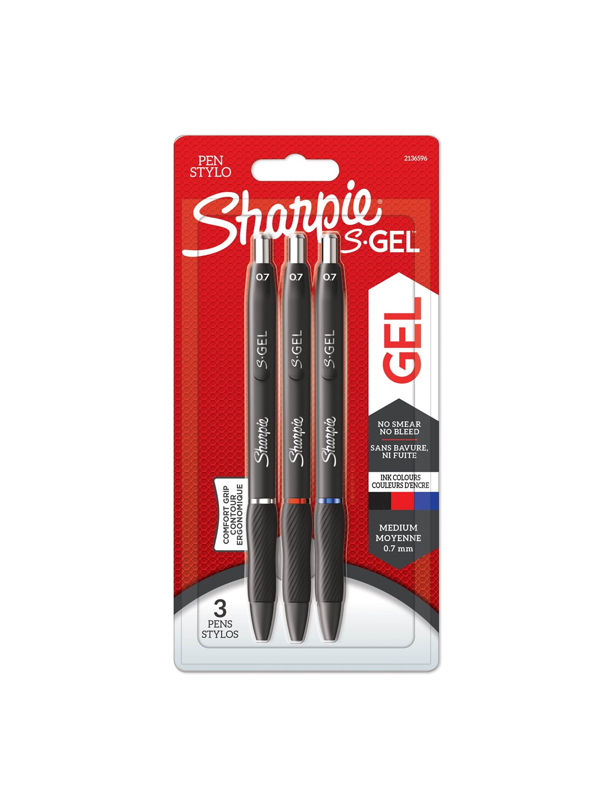 Sharpie S-Gel | Gelpenne | Medium spids (0,7 mm) | Sort, rødt og blåt blæk | 3 styk