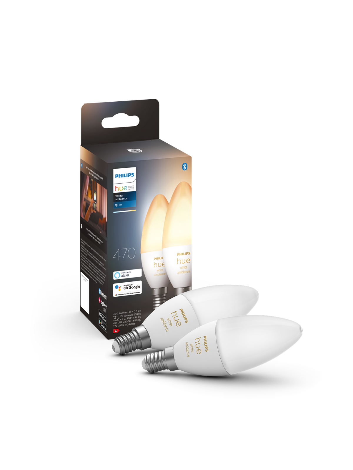 Philips Hue White Ambiance E14 B39 Kertepære - 2-Pak, Smart Home