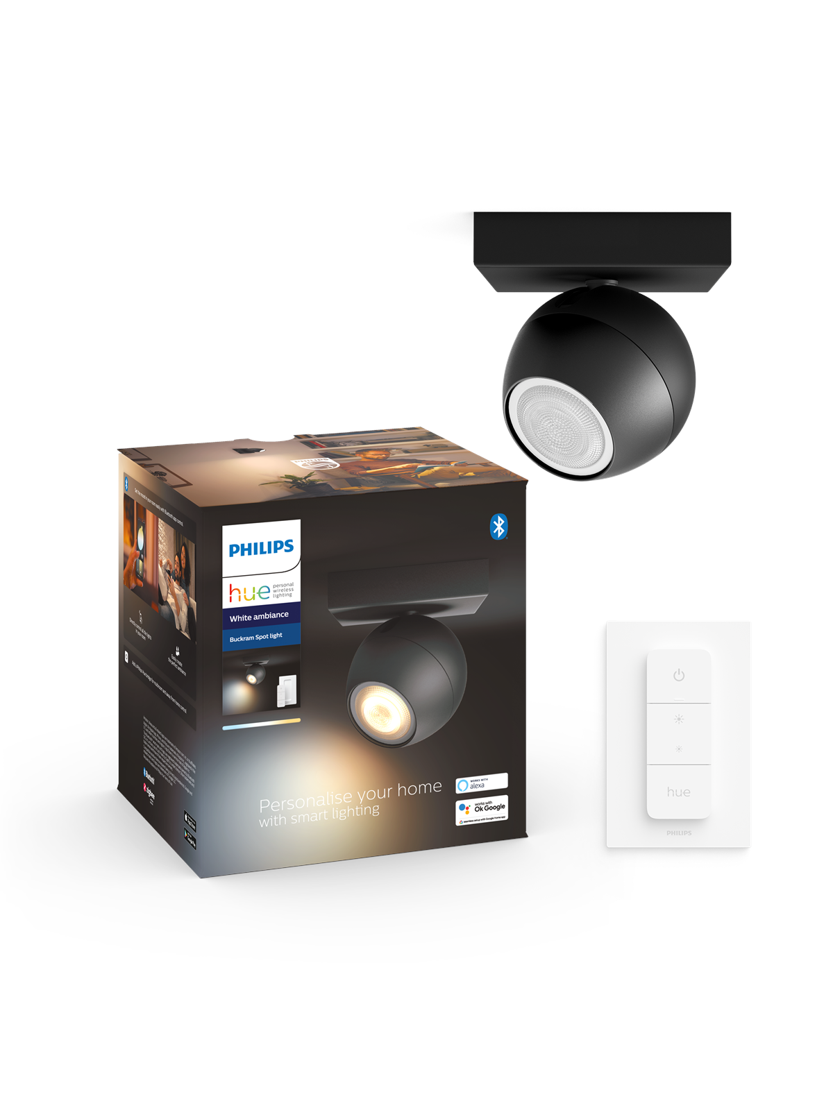 Philips Hue Buckram Enkelt Spot - Sort - med Dimmer Switch, Smart Home