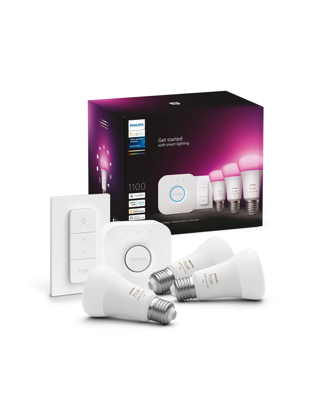 Philips Hue White and color ambiance Startsæt - 3x E27 A60-pærer + Dimmer switch + Hue Bridge