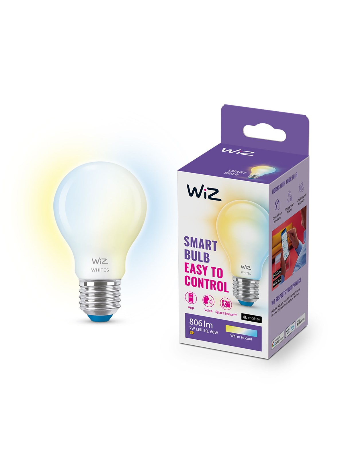 WiZ Tunable A60 E27 Smart LED-pære i matteret glas - Dæmpbart varmt til koldt hvidt LED-lys