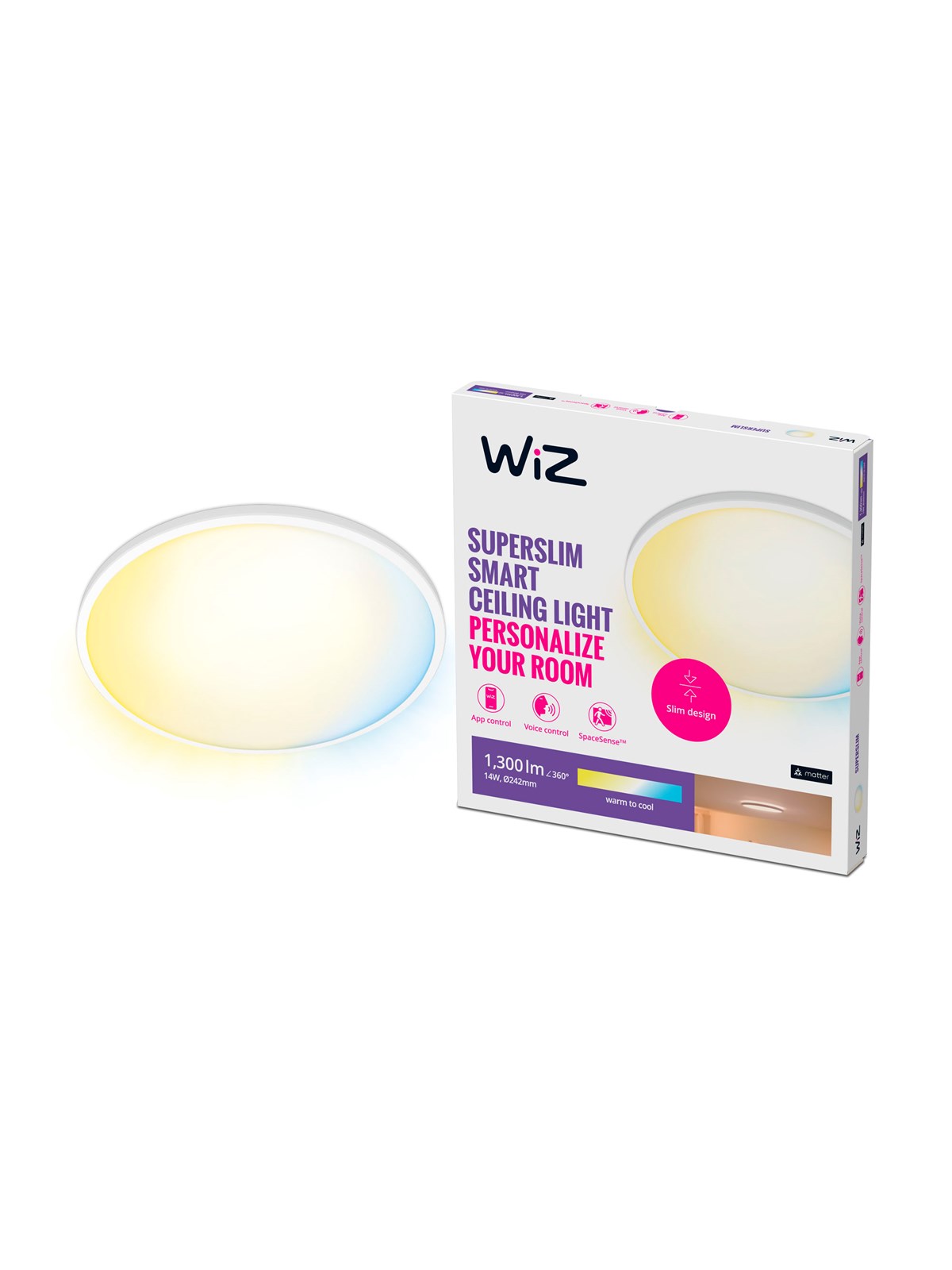 WiZ SuperSlim Smart Loftslampe Hvid, 14W, Justerbar hvidt & Dæmpet lys, Smart Home