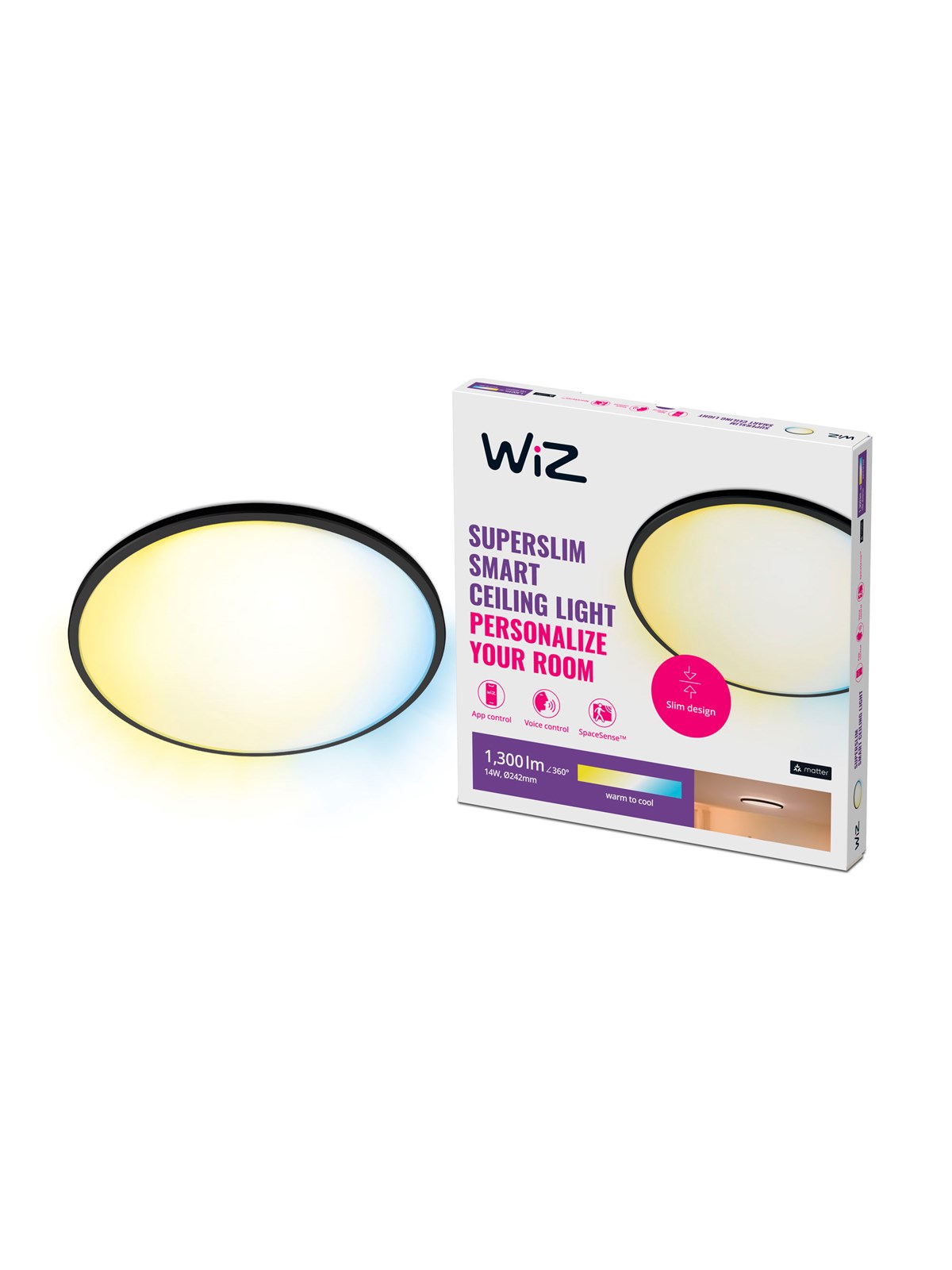 WiZ SuperSlim Smart Loftslampe Sort, 14W, Justerbar hvidt & Dæmpet lys, Smart Home
