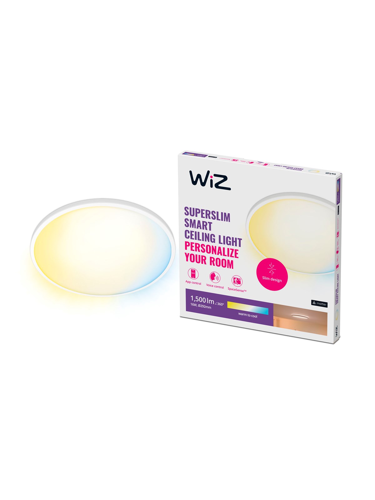 WiZ SuperSlim Smart Loftslampe Hvid, 16W, Justerbar hvidt & Dæmpet lys, Smart Home