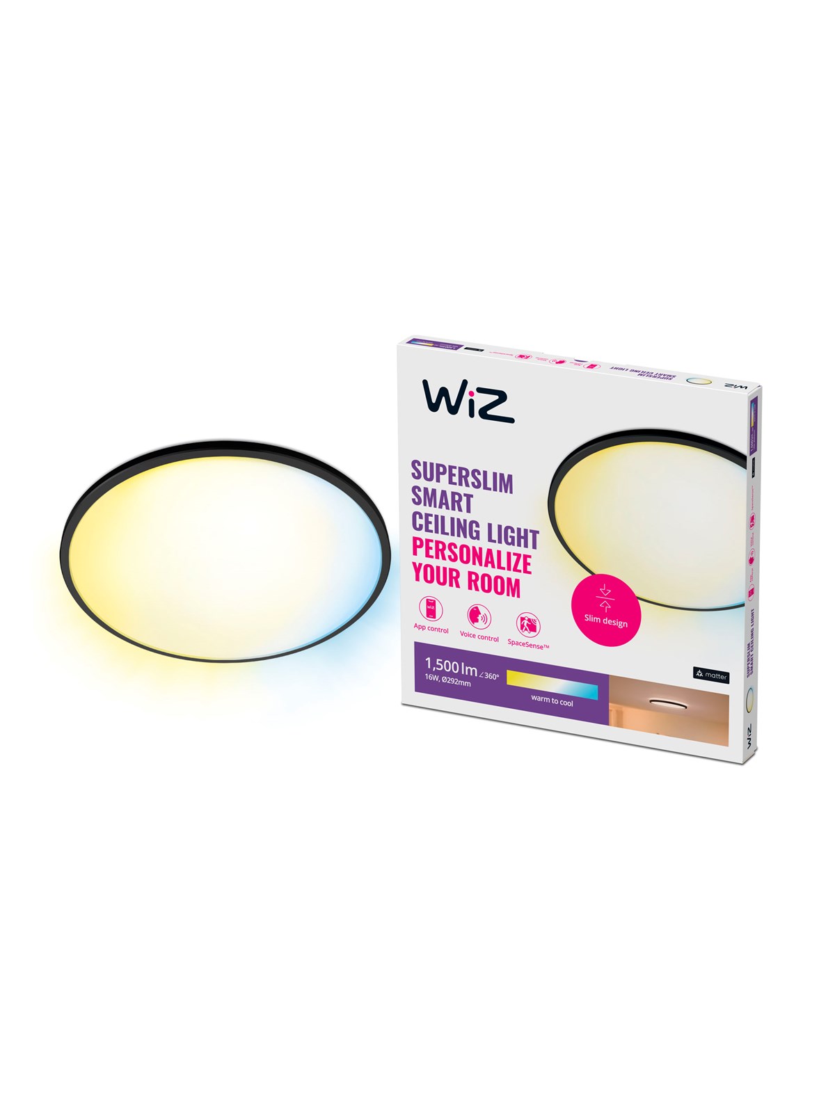 WiZ SuperSlim Smart Loftslampe Sort, 16W, Justerbar hvidt & Dæmpet lys, Smart Home