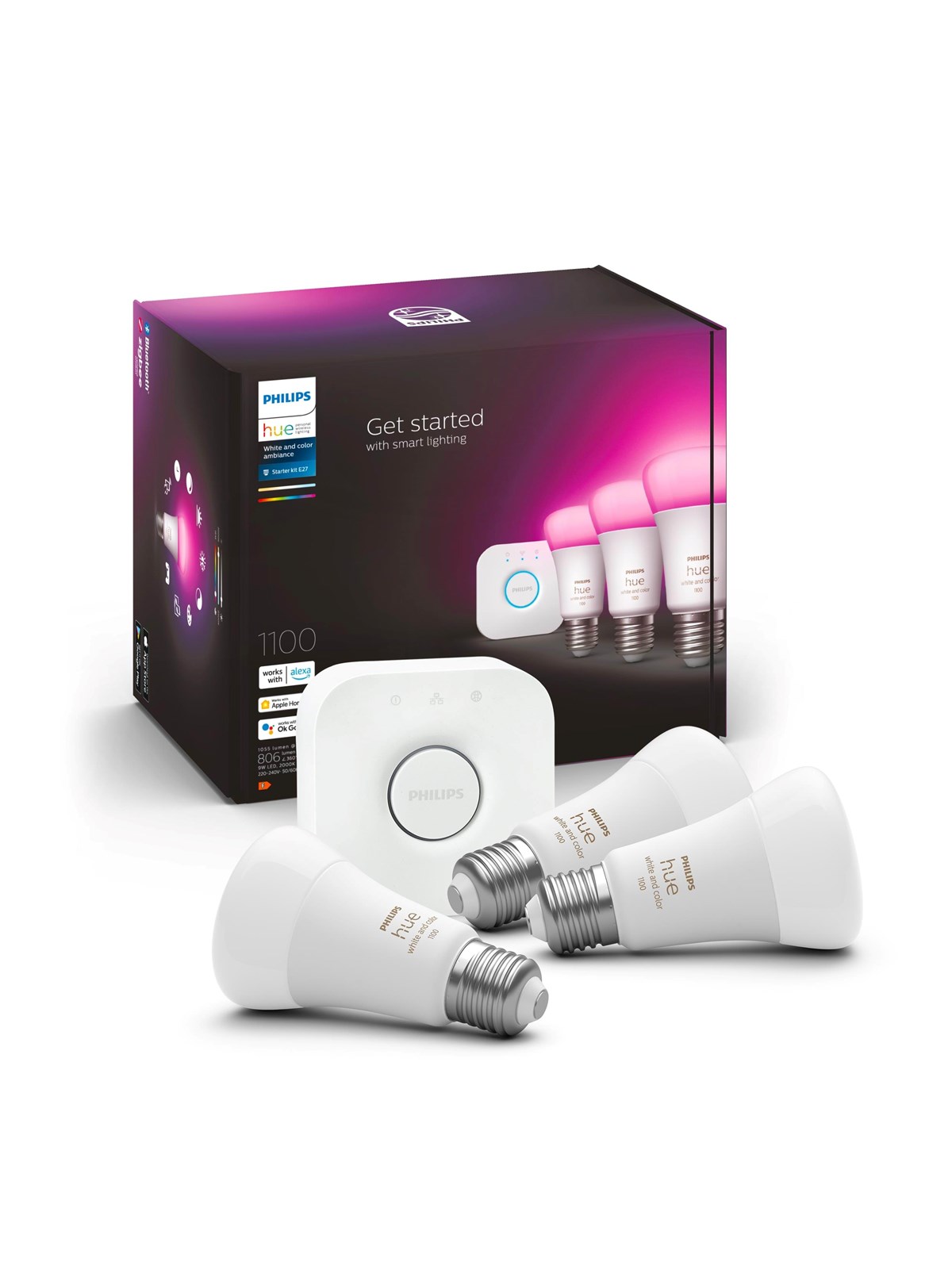 Philips Hue Color A60 E27 1100 Lumen - Starter Kit med 3 pærer, Smart Home
