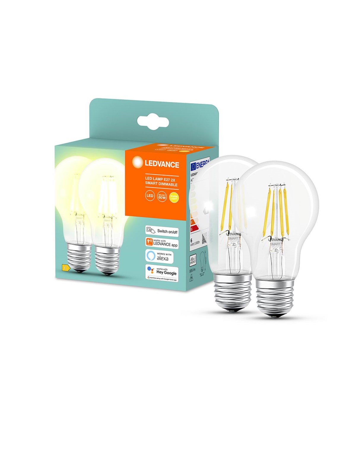 LEDVANCE SMART+ standard 60W/827 klar filament E27 Bluetooth - 2 pak, Smart Home