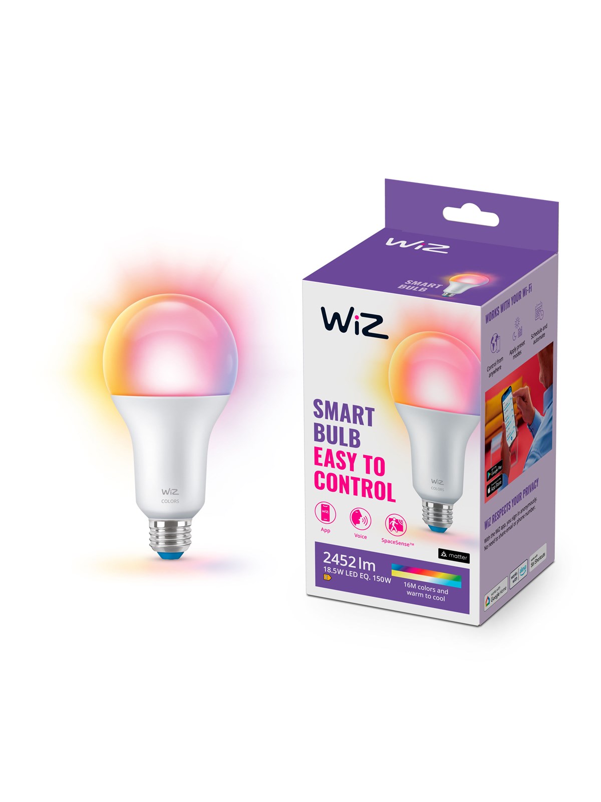 WiZ Full Color A80 E27 Smart LED-pære (150W) - RGB/16 millioner farver + dæmpbart hvidt LED-lys