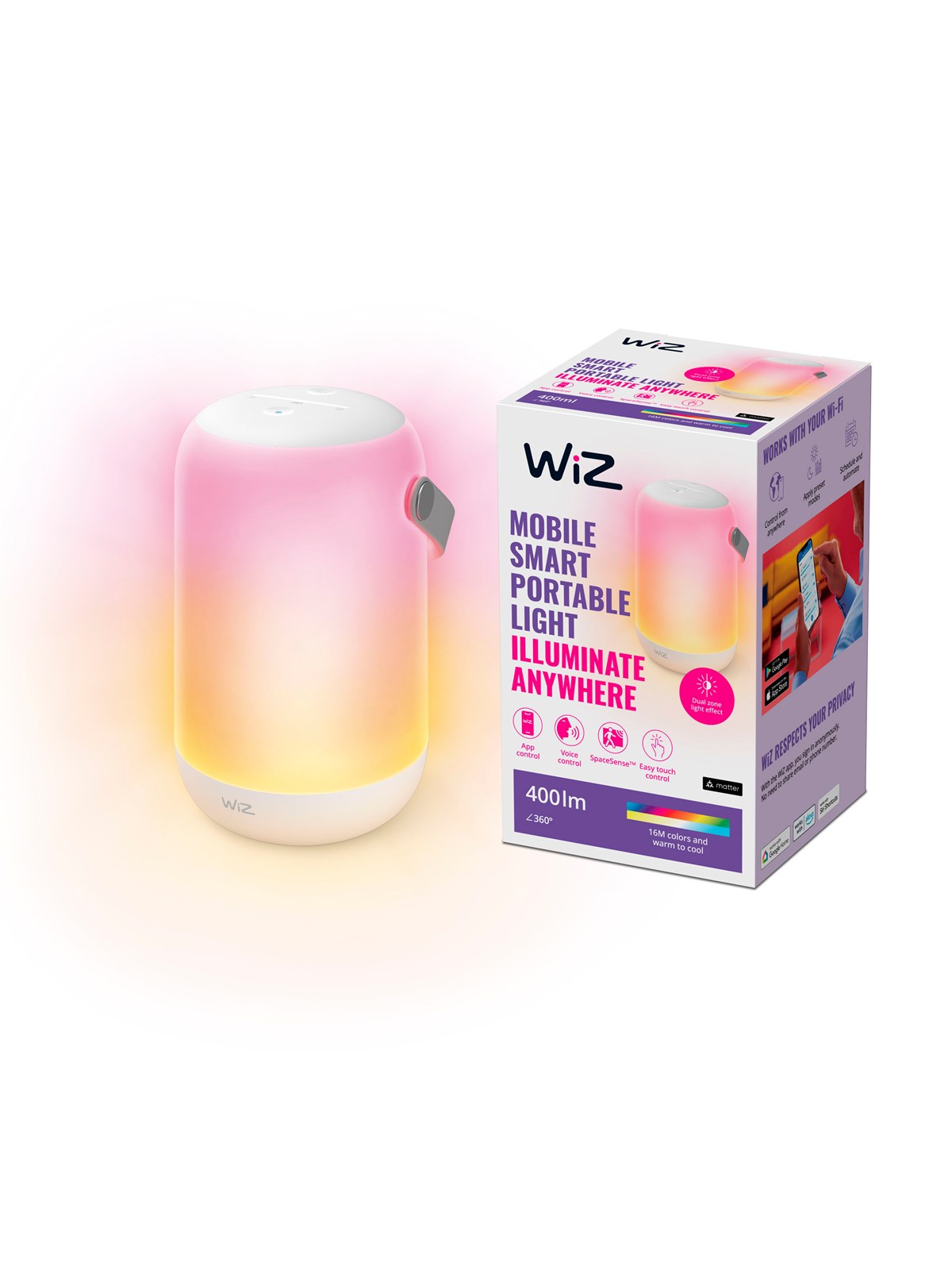 WiZ Mobile Smart Bærbar Lampe, Justerbar hvidt & farvet lys, App & Stemmestyring