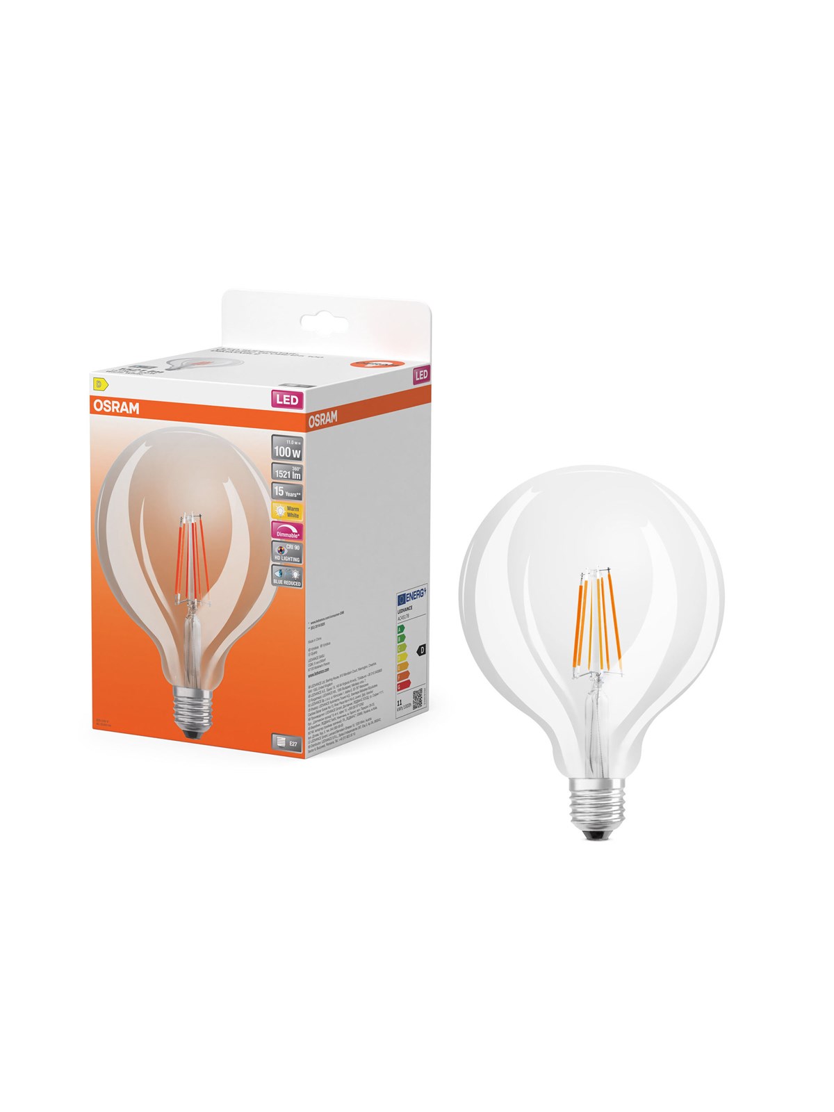 Osram LED pære LED Comfort globe125 filament 1521lm 11W/927 (100W) E27 dæmpbar E27