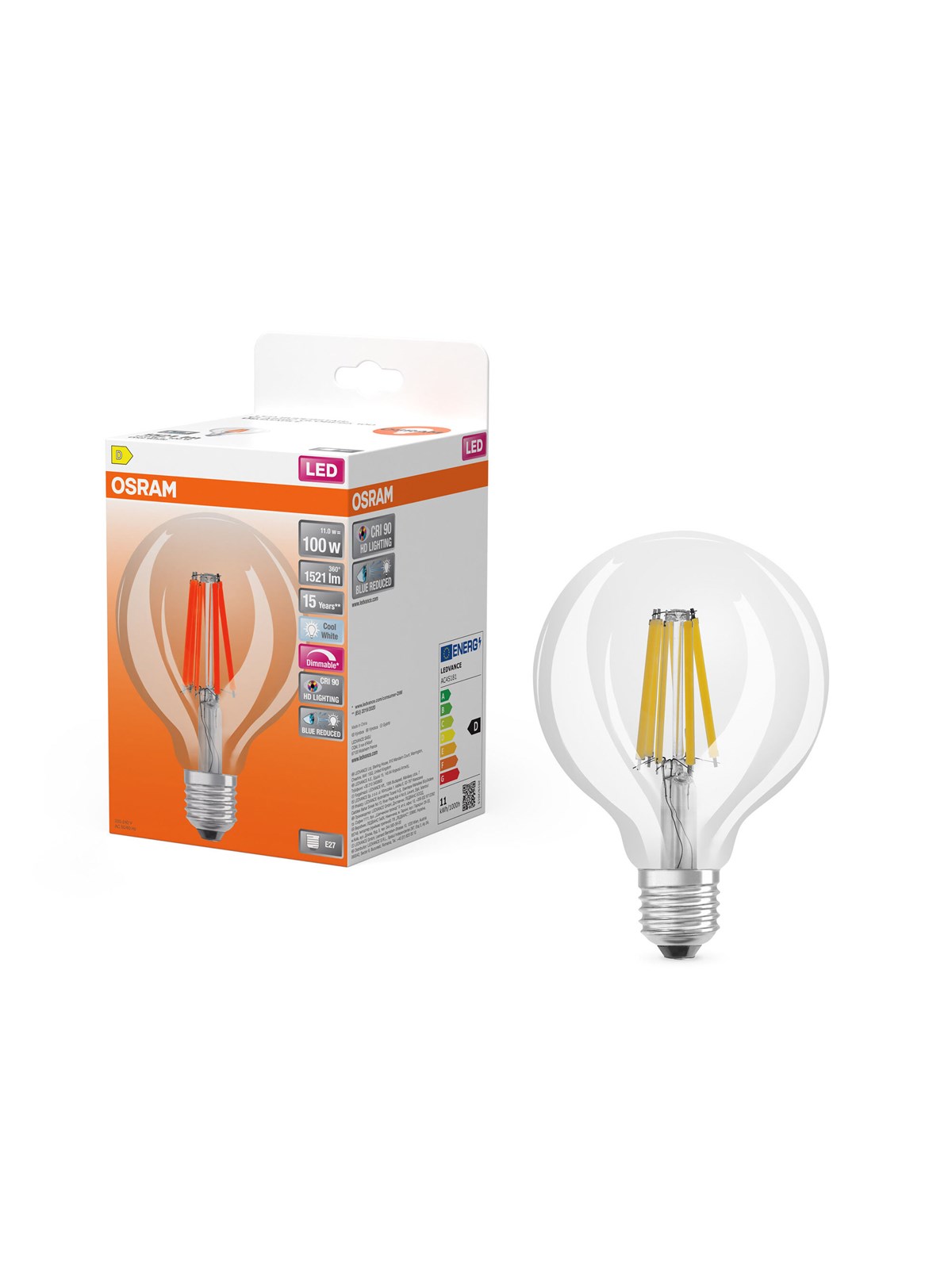 Osram LED pære LED Comfort globe95 filament 1521lm 11W/940 (100W) E27 dæmpbar E27