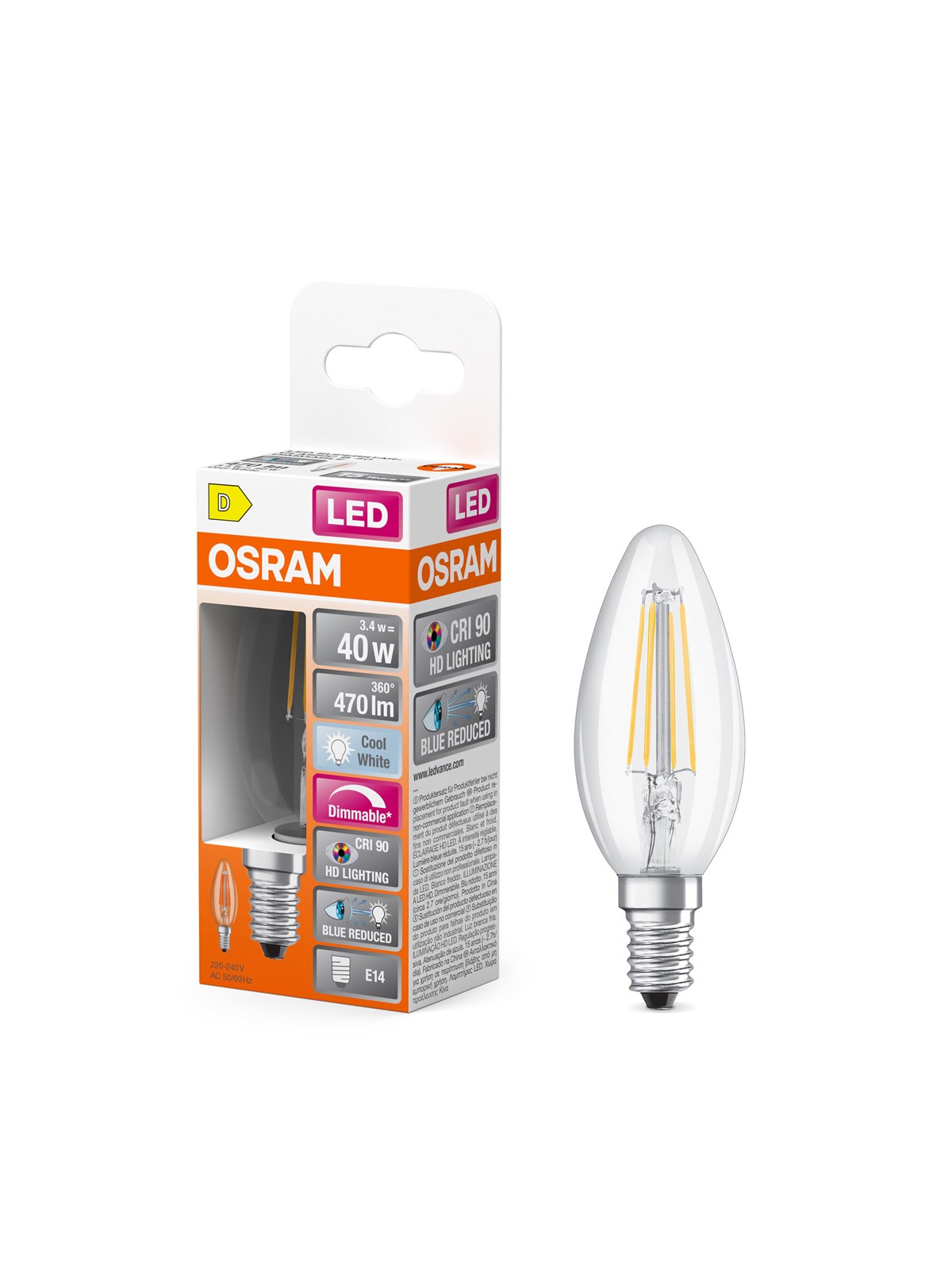 Osram LED pære LED Comfort kerte filament 470lm 3,4W/940 (40W) E14 dæmpbar E14