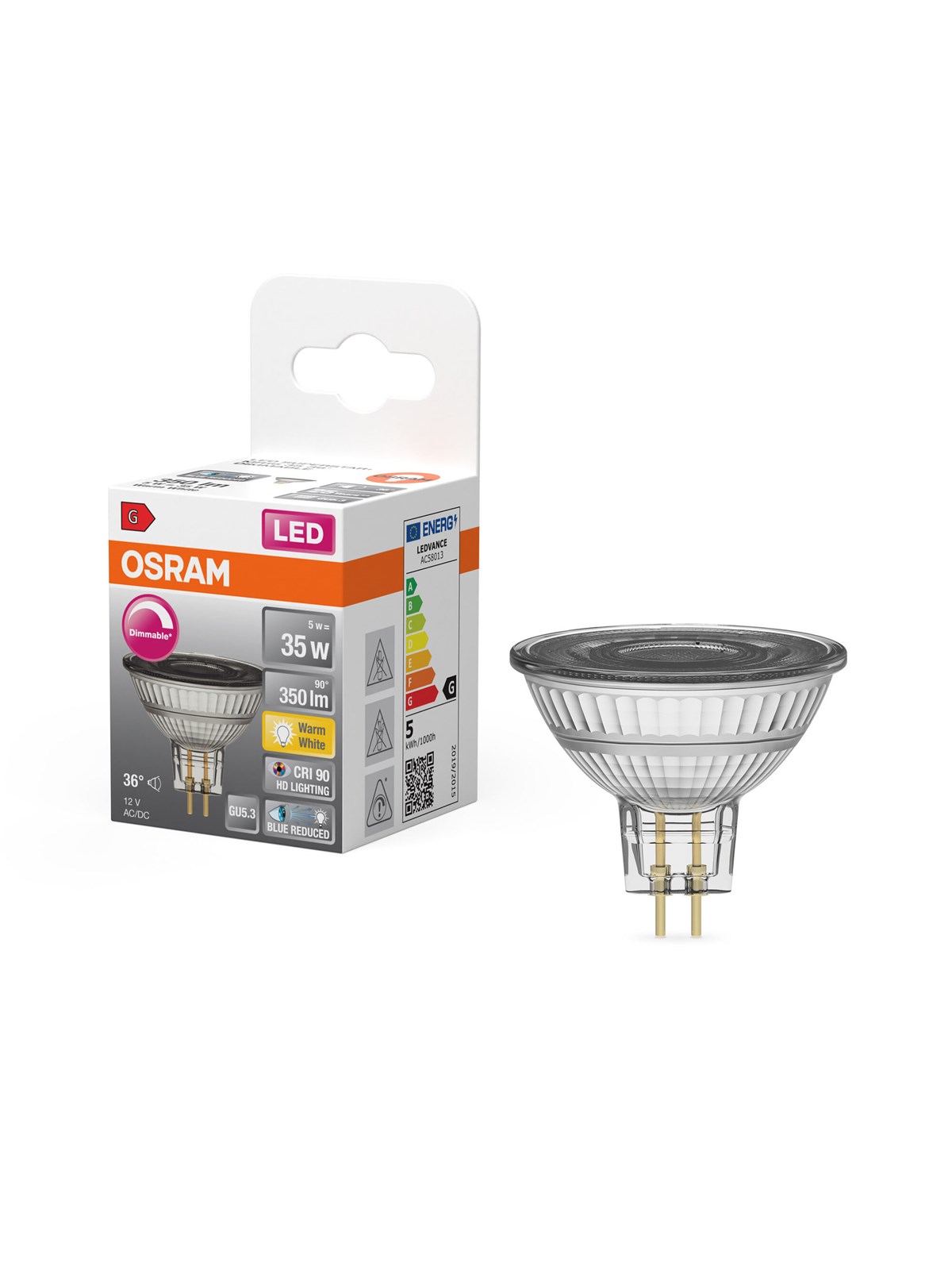 Osram LED pære LED Comfort MR16 36° 350lm 5W/927 (35W) GU5,3 dæmpbar GU5.3