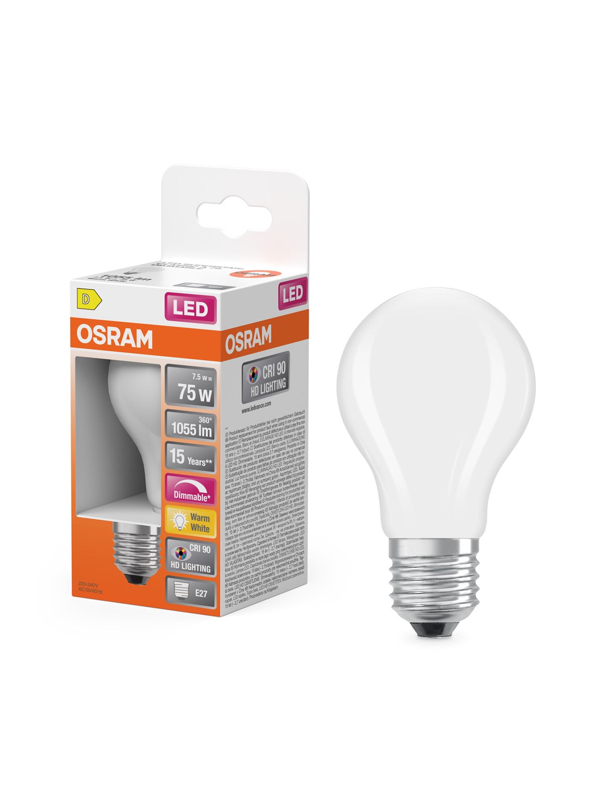 Osram LED pære LED Comfort standard mat 1055lm 7,5W/927 (75W) E27 dæmpbar E27