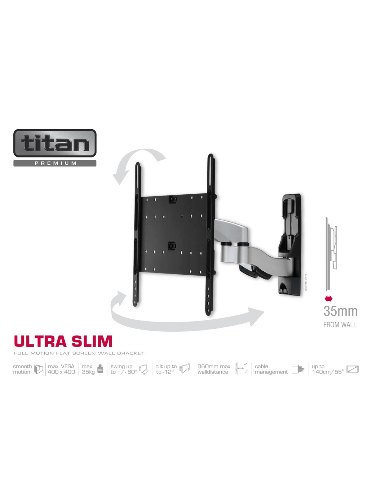 Vivanco Fuldt bevægelsesbeslag 65"/35kg 35 kg 55" Fra 100 x 100 mm, Tv Ophæng
