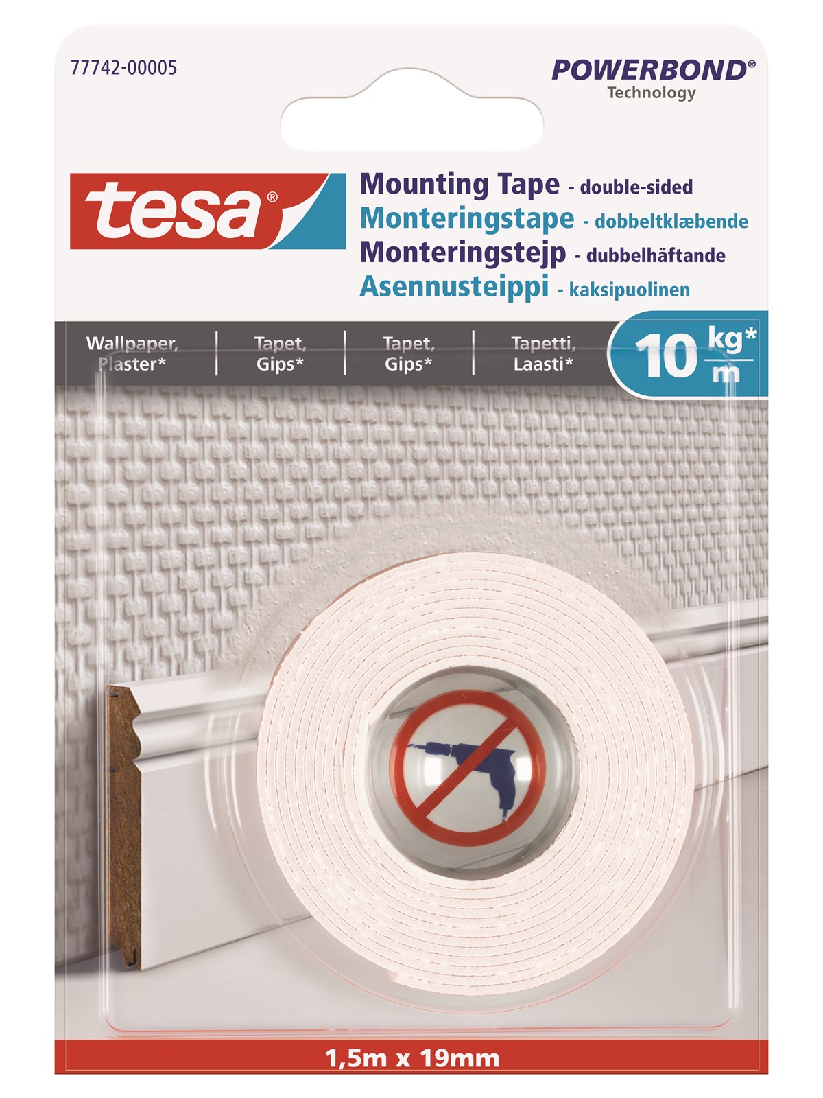 tesa Powerbond Mounting Tape Wallpaper 1.5m x 19mm, Tape