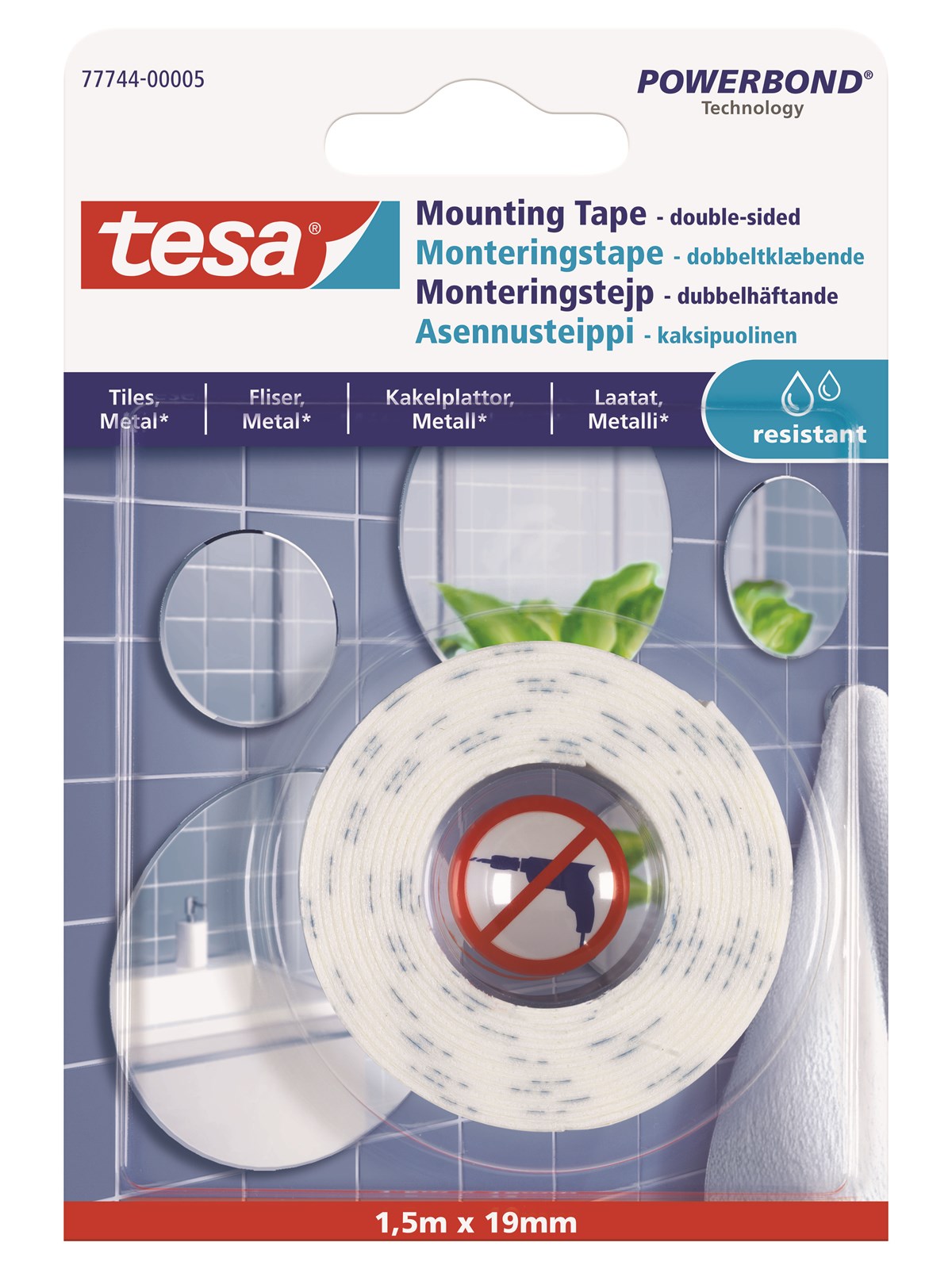 tesa Powerbond Mounting Tape Water Resistant 1.5m x 19mm, Tape
