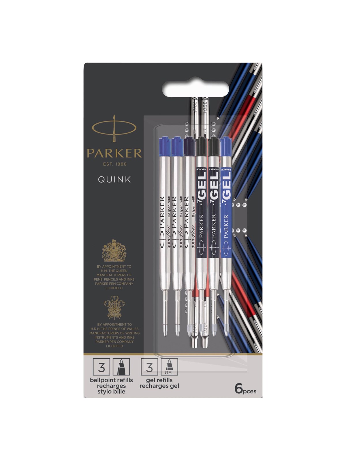Parker Jotter London kuglepen og Gel Pen Refill Discovery pakke: 3 Quinkflow Refiller til kuglepenne & 3 Quink Gel Refiller